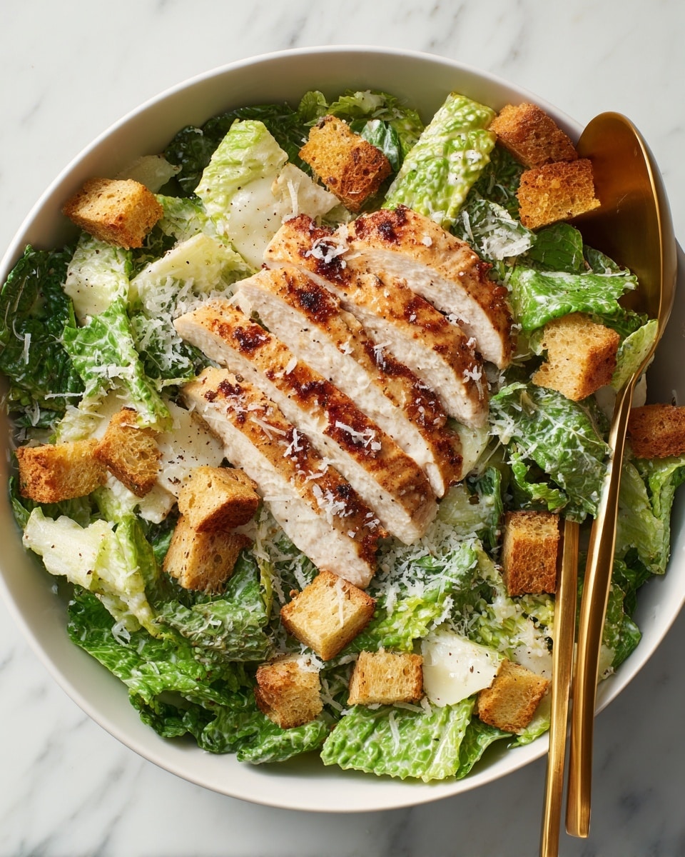 This image shows a white bowl filled with a Caesar salad that has three main layers. The bottom layer is bright green romaine lettuce leaves with a fresh and crunchy texture. On top of the lettuce, there are pieces of grilled chicken breast, sliced into medium strips with a golden-brown outside and tender white inside. Scattered across the salad are small, crunchy, golden croutons with a toasted texture. The dish is lightly drizzled with creamy Caesar dressing and sprinkled with fine, grated Parmesan cheese throughout. Two golden spoons rest inside the bowl, partially visible. The whole bowl is set against a white marbled surface. photo taken with an iphone --ar 4:5 --v 7