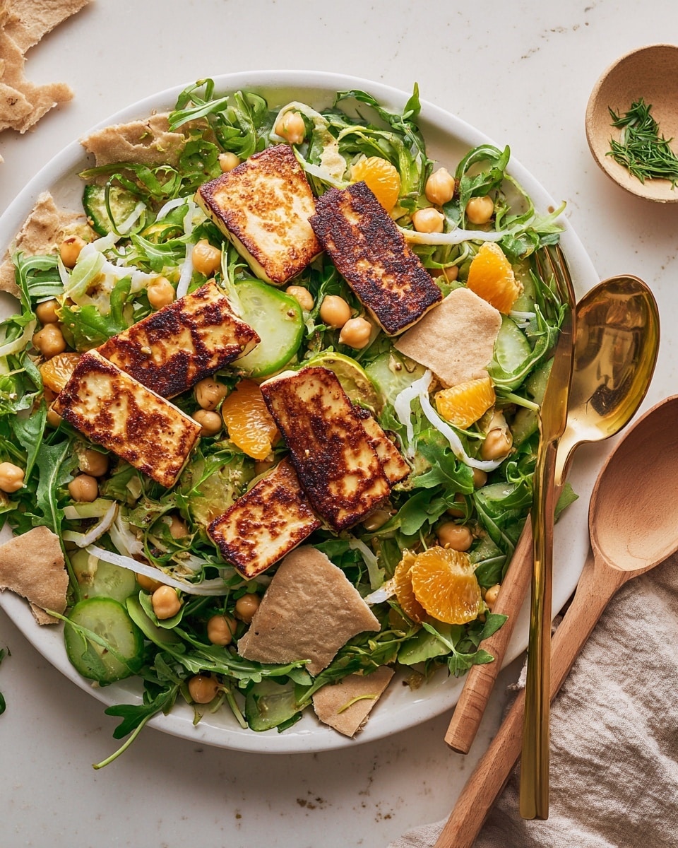 A white bowl filled with a bright salad layered with fresh greens including dark leafy lettuce, parsley, and mint leaves at the bottom. On top, there are thin slices of golden-brown grilled halloumi cheese arranged in a slight fan shape in the center. Surrounding the halloumi are sliced light green cucumbers, halved red and yellow cherry tomatoes, roasted chickpeas scattered evenly, and dark sliced olives. Bright yellow lemon wedges are placed strategically around the edges. The textures vary from crisp greens to soft cheese and crunchy chickpeas, all set on a white marbled surface. photo taken with an iphone --ar 4:5 --v 7