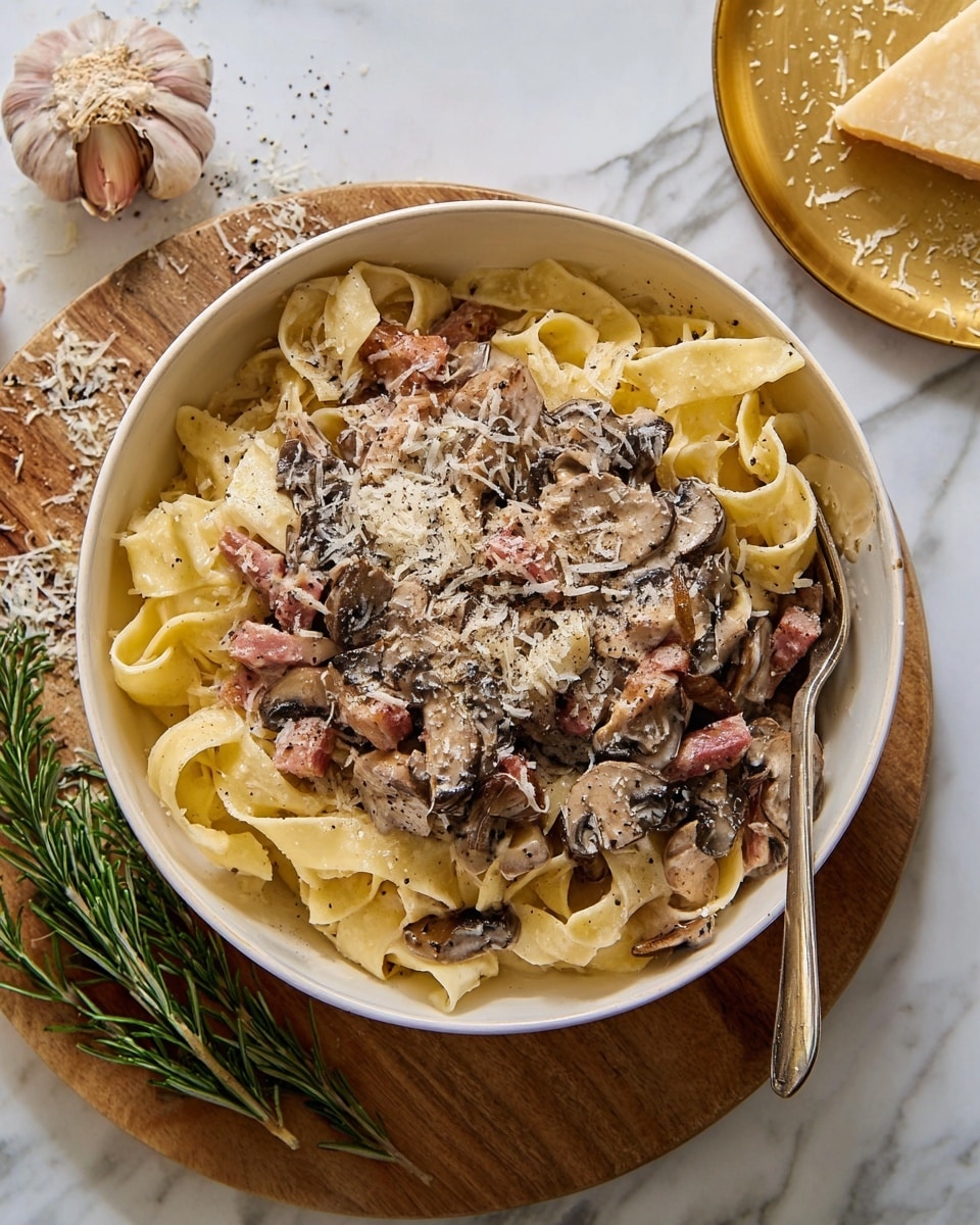 A white bowl filled with a creamy pasta dish featuring three layers: the bottom layer has wide, flat light yellow pasta noodles; the middle layer contains browned, sliced mushrooms and small pink pieces of cooked meat mixed evenly; the top layer is sprinkled with grated white cheese and a dash of black pepper. The bowl rests on a wooden round board placed on a white marbled surface, with rosemary sprigs on the board's edge and a golden plate with a garlic clove and some scattered grated cheese nearby. A silver fork is partially inside the bowl. Photo taken with an iphone --ar 4:5 --v 7