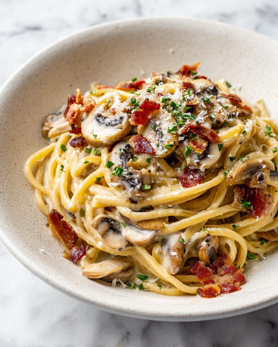 A white textured bowl holds a serving of thick spaghetti pasta mixed with creamy sauce, layered with light brown sautéed mushroom slices and small pieces of crispy red-brown bacon. The dish is sprinkled with finely chopped green herbs and a few bits of grated white cheese. The pasta strands are glossy and interwoven, coated evenly with the sauce that has a smooth texture. The bowl sits on a white marbled surface. Photo taken with an iphone --ar 4:5 --v 7