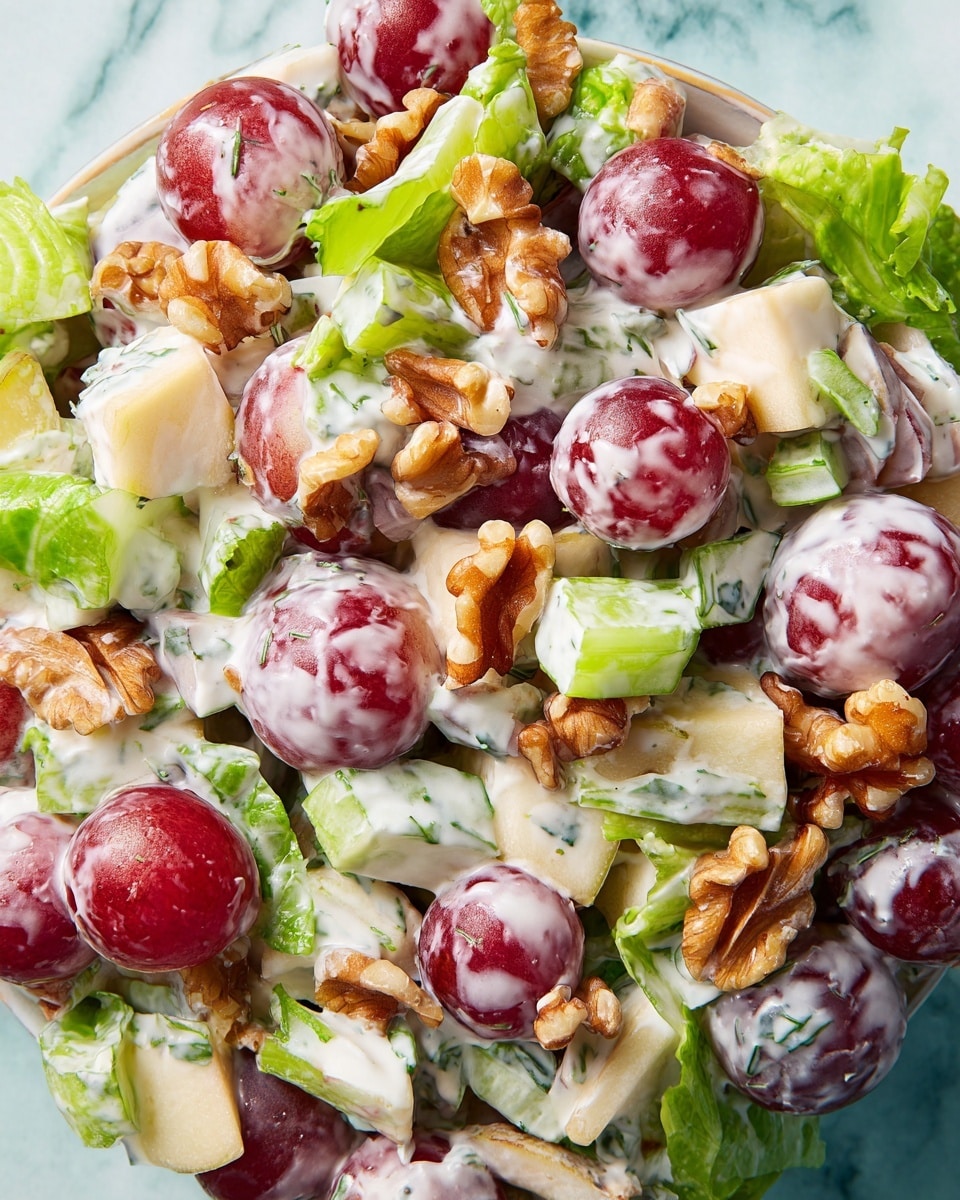 A close-up view of a creamy salad with visible layers of halved red grapes showing light green interiors, chopped green celery pieces curved and crunchy-looking, small chunks of pale yellow apples with a firm texture, and scattered light brown walnut pieces with rough surfaces. All ingredients are coated in a white creamy dressing with small green herb specks, giving the salad a fresh and rich look. The background is a white marbled texture. photo taken with an iphone --ar 4:5 --v 7