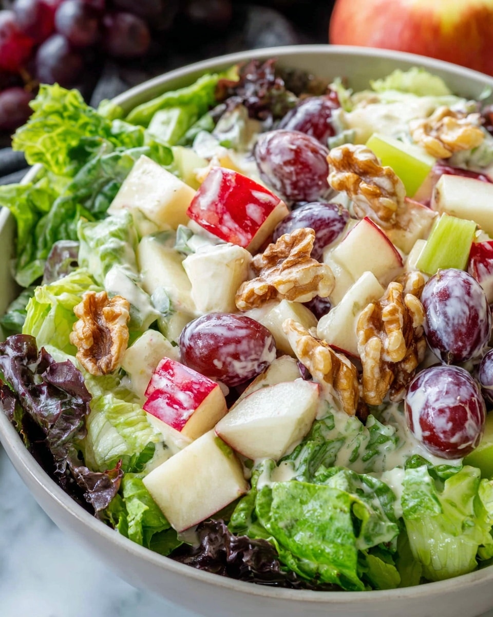 A close-up view of a fruit and nut salad in a white bowl, showing three clear layers: the bottom layer consists of dark and bright green leafy lettuce, the middle layer is made up of cream-colored chopped celery pieces, and the top layer is a mix of pale white apple chunks with red skins, dark purple grapes, and light brown walnut halves, all coated in a creamy dressing. There is a white marbled texture surface in the background, and an apple is partially visible behind the bowl. Photo taken with an iphone --ar 4:5 --v 7