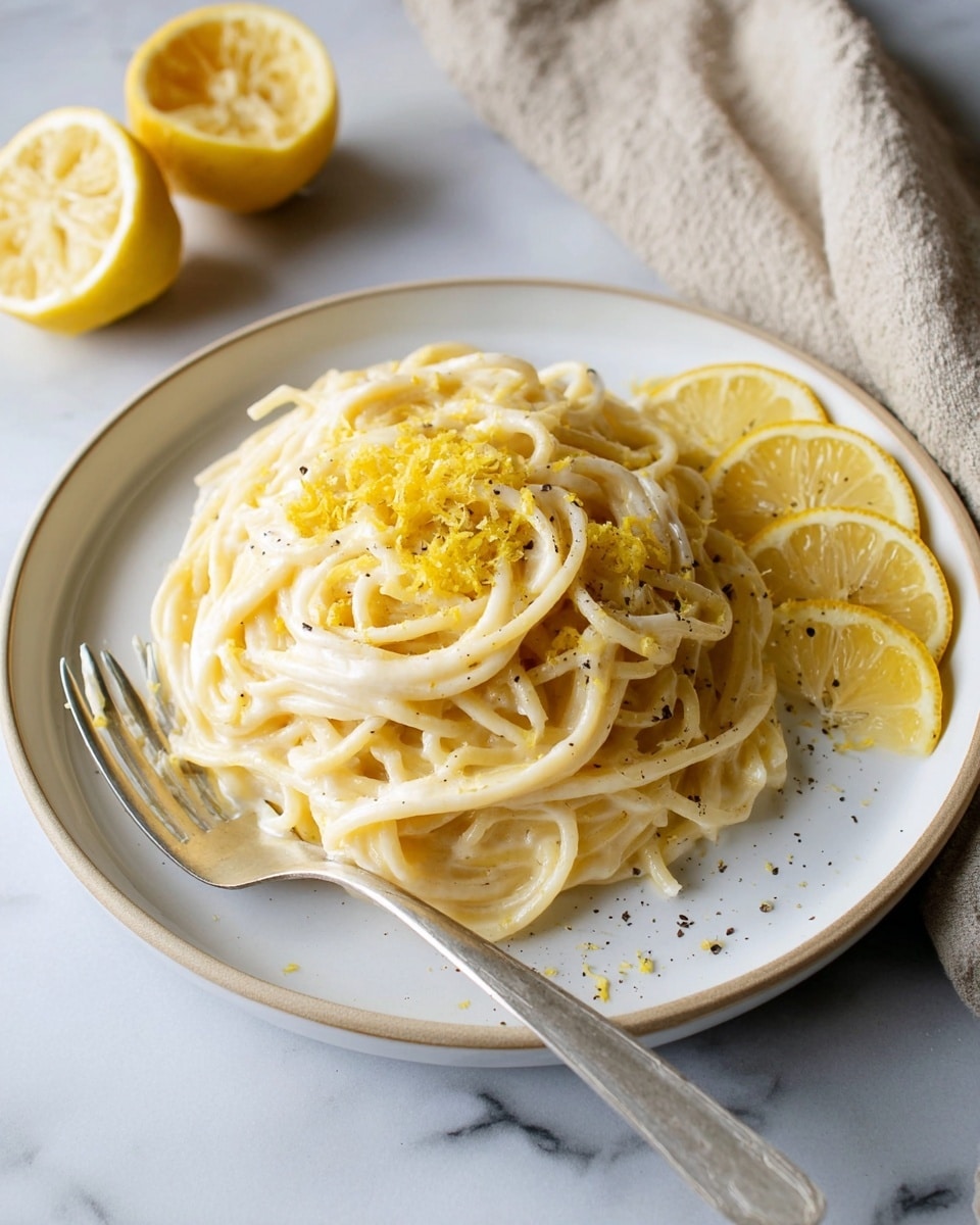 A white plate holds a neat pile of creamy spaghetti, with a smooth, light yellow sauce coating each strand. The pasta is topped with a sprinkle of finely grated yellow lemon zest and a few specks of black pepper. To the right of the spaghetti, there are three thin lemon slices arranged partially on the plate. A silver fork lies on the left edge of the plate. In the background, two lemon halves rest on a white marbled surface along with a beige cloth. The colors are soft, with white and pale yellow tones standing out clearly. photo taken with an iphone --ar 4:5 --v 7