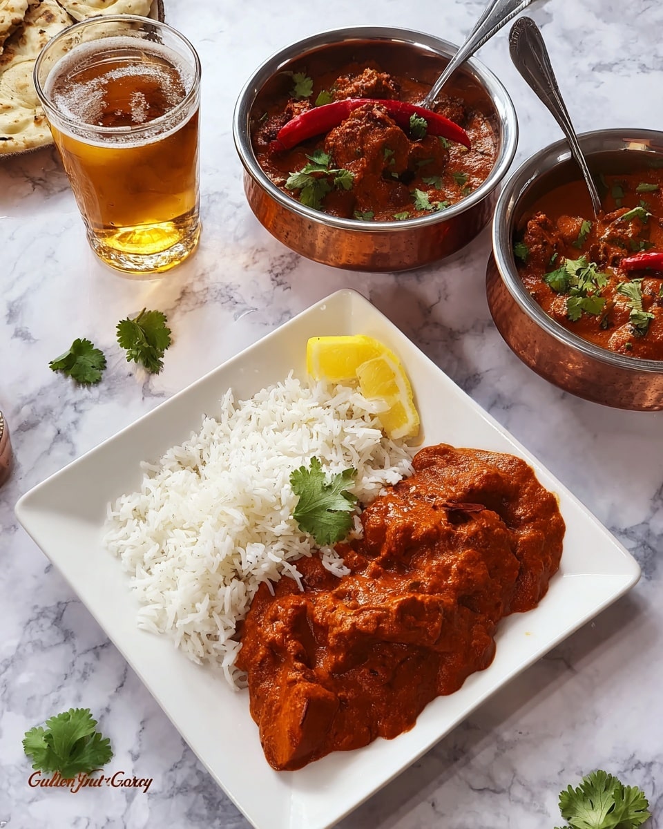 A square white plate holds a serving of plain white rice on the top left side, with a rich, red-orange creamy curry spread on the bottom right side, garnished with green cilantro leaves. A small piece of lemon slice rests on the top right edge of the rice. Surrounding the plate on a white marbled texture are two copper bowls with thick reddish-brown curry, each with a metal spoon inside; one bowl has a whole red chili and green leaves on top. To the left of the bowls, there is a glass filled with a golden-brown drink. Some loose cilantro leaves are scattered around the plate. photo taken with an iphone --ar 4:5 --v 7