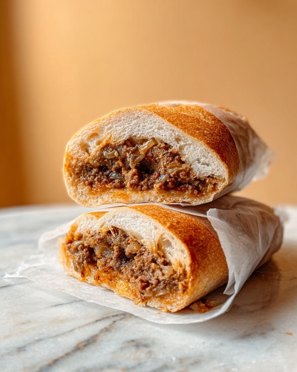 The image shows a sandwich cut in half and stacked with the cut sides facing forward. The sandwich bread is a soft, light brown roll with a slightly crusty surface. Inside, there is a thick filling of cooked ground meat mixed with small pieces of onions, giving a textured, chunky look. The sandwich is wrapped partially in white paper, and it sits on a flat surface with a white marbled texture. The background is a warm, light brown color. photo taken with an iphone --ar 4:5 --v 7