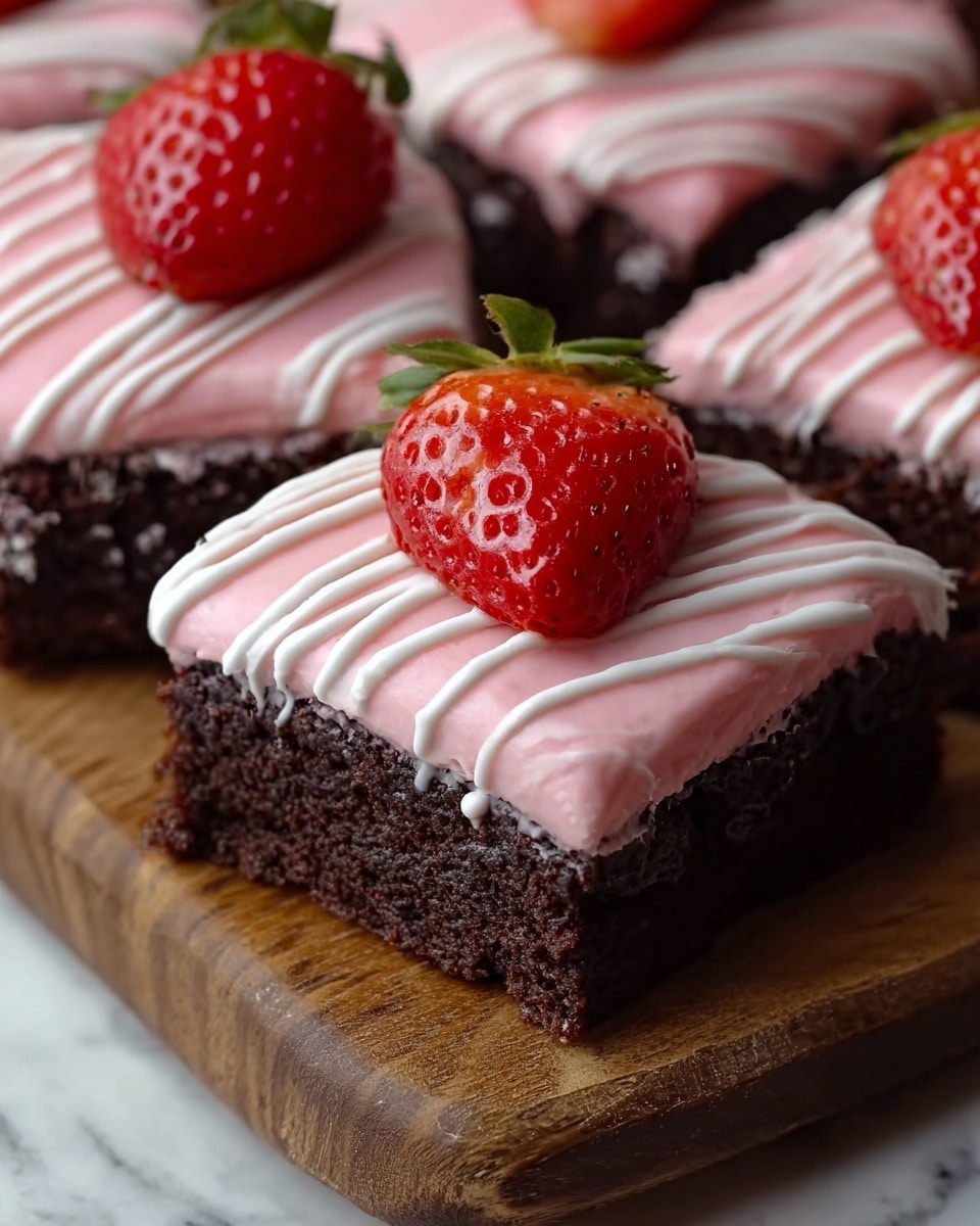 A close-up image of square-shaped chocolate brownies with three visible layers: the bottom layer is dark brown, moist, and textured chocolate cake; the middle layer is smooth, light pink frosting covering the entire top surface of the brownie; the top layer is thin white drizzle frosting arranged in diagonal lines creating a striped pattern. Each brownie is topped with a fresh, whole bright red strawberry with green leaves, sitting centered on the pink frosting. The brownies are placed on a wooden board with a white marbled texture in the background. photo taken with an iphone --ar 4:5 --v 7