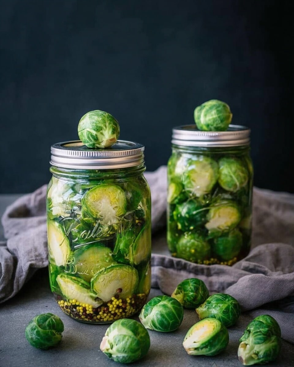 Two glass jars with silver lids are filled with green Brussels sprouts, some cut in halves showing light green inside, and some whole, mixed with yellow mustard seeds and black peppercorns in clear liquid. Each jar has one whole Brussels sprout placed on top of the lid. Around the jars, several loose Brussels sprouts are scattered on a dark surface with a soft, wrinkled gray cloth in the background and a plain dark wall behind it. photo taken with an iphone --ar 4:5 --v 7