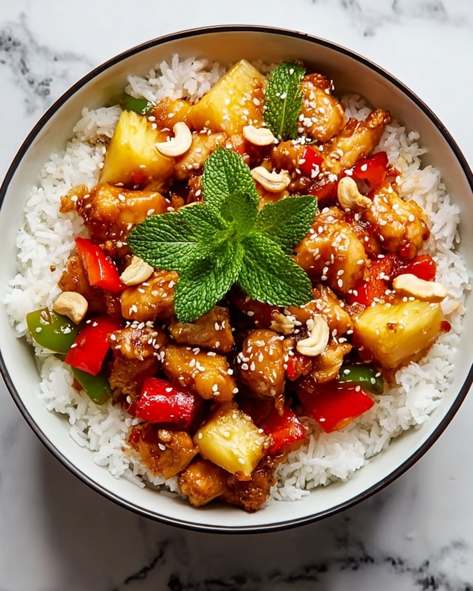 A round white bowl filled with a base layer of fluffy white rice, topped with bright pieces of pineapple and red and green bell peppers, and golden brown glazed chicken chunks coated in a shiny sauce. Scattered on top are light brown cashews and white sesame seeds, with a fresh green mint sprig placed in the center. The bowl is set on a white marbled surface. photo taken with an iphone --ar 4:5 --v 7