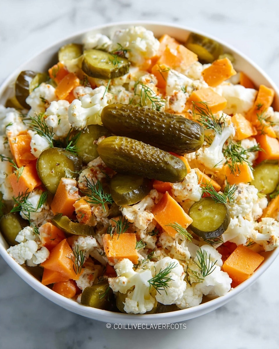 The dish shows a white bowl filled with a colorful mix of chopped vegetables. The bottom layer is made of small, white cauliflower florets with a slightly uneven texture. Mixed throughout are bright orange cheese cubes cut into small squares. Scattered among these layers are sliced pickles, showing a dark green edge with a lighter green center. On top, there are two whole pickles placed near the center which are darker green and textured. Small pieces of fresh dill are sprinkled over the whole dish, adding fine green touches. The bowl sits on a white marbled surface. Photo taken with an iphone --ar 4:5 --v 7