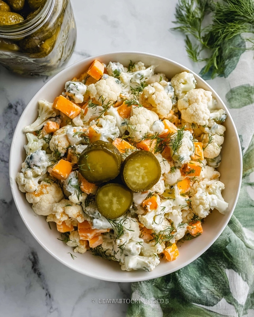A white bowl filled with a mix of small cauliflower florets that are white and textured, combined with small orange cheese cubes spread throughout. There are also slices of green pickles mixed in and three whole pickles placed on top in the center. The salad is sprinkled with small green dill herbs and lightly coated with a creamy, white dressing. The bowl sits on a white marbled surface with a glass jar of pickles and a green leafy cloth nearby. photo taken with an iphone --ar 4:5 --v 7