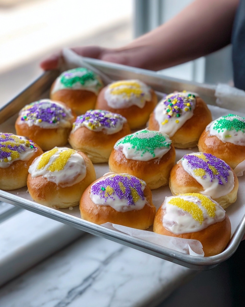 A metal tray holds twelve small round buns topped with a thick smooth layer of white frosting; each bun is decorated with colorful sugar crystals in purple, green, and yellow arranged in different patterns like stripes or patches on top of the white frosting. The buns are light golden brown with a soft and slightly puffy texture, and they sit on white parchment paper resting on the tray. In the background, a woman's arm is holding the tray near a bright window, with a white marbled surface visible under the tray. Photo taken with an iphone --ar 4:5 --v 7