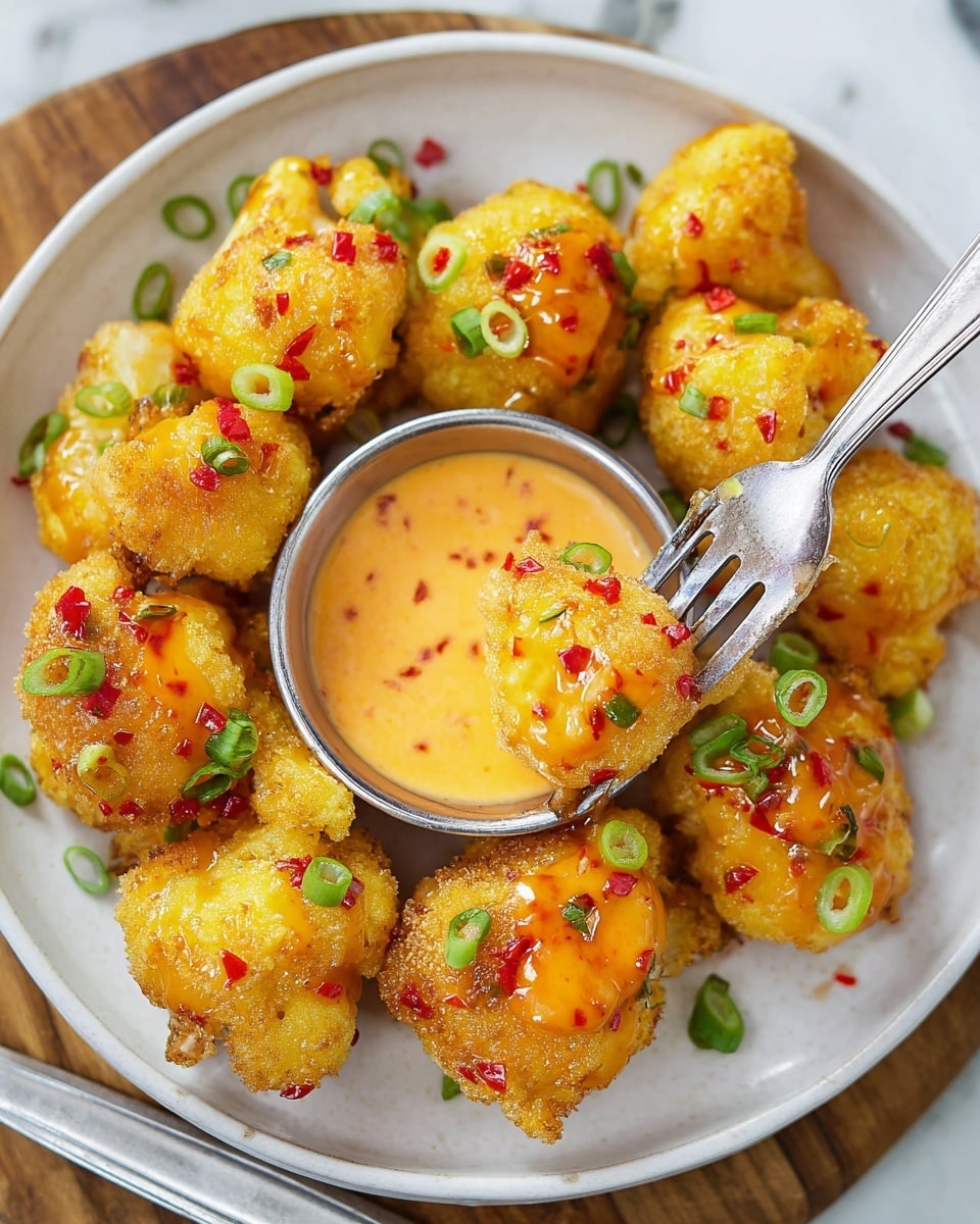 A white plate holds several golden fried cauliflower bites, each coated with a light, crispy texture and topped with a shiny, orange chili sauce with red chili flakes and small green onion rings scattered over them. In the center of the plate is a small silver cup filled with creamy orange dipping sauce with visible red pepper bits. One cauliflower bite is held by a fork on the right side of the plate, also drizzled with sauce and garnished with green onion rings. The plate rests on a white marbled surface with a wooden board partly visible beneath it. Photo taken with an iphone --ar 4:5 --v 7