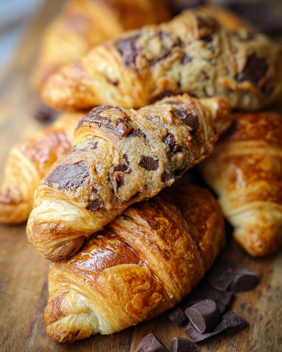 The image shows several croissants stacked closely together on a wooden surface, each croissant with a golden-brown, flaky, and crispy outer layer. On top of each croissant, there is a rough, golden cookie dough layer with visible chocolate chunks, unevenly spread and slightly cracked, contrasting with the smooth, shiny croissant beneath. The cookie dough layer adds texture and depth, giving a sweet, crumbly appearance. Some dark chocolate chips are scattered around the croissants on the wooden surface, enhancing the pastry's rich and indulgent look. photo taken with an iphone --ar 4:5 --v 7