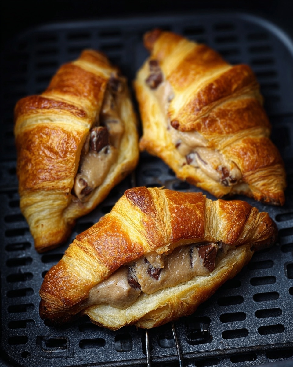 Three croissants with a golden brown, flaky texture are placed on a black air fryer basket. Each croissant is split open and filled with a thick, light brown cookie dough that has visible dark chocolate chunks; the dough is slightly melted and oozes out of the croissants. The croissants are arranged in a triangular formation, filling the frame with a close-up view, showing the contrast between the crispy layers and soft, creamy cookie dough. photo taken with an iphone --ar 4:5 --v 7