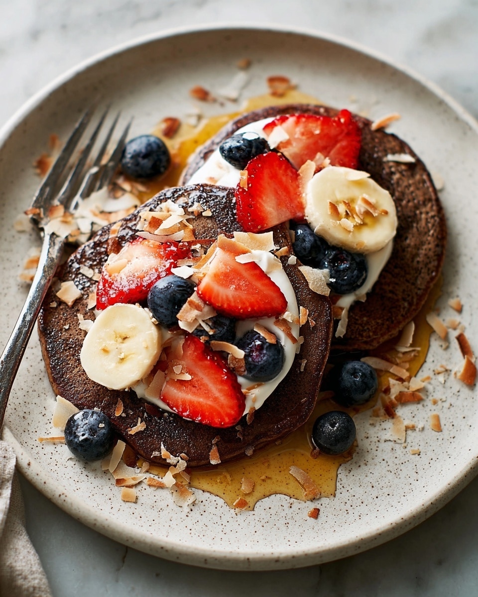 Two thick, dark brown pancakes sit side by side on a white plate with a light speckled pattern, placed on a white marbled surface. The pancakes' tops hold a layer of creamy white yogurt, bright red strawberry slices, deep blue blueberries, and round yellow banana slices. Golden-brown toasted coconut flakes are sprinkled over the fruit and pancakes. A pool of golden syrup flows from under the pancakes, spreading across the plate. A silver fork rests diagonally on the plate’s lower left side near the syrup. Photo taken with an iphone --ar 4:5 --v 7