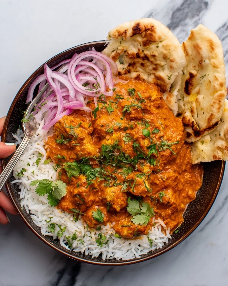 The dish shows a white bowl filled with three main layers: the bottom layer is white rice with a fluffy texture, the middle layer is orange-colored curry with a chunky texture, topped with green cilantro leaves. On one side of the bowl, there are thin slices of red onion arranged neatly, and two pieces of toasted naan bread resting on the edge. The bowl sits on a white marbled surface, with a woman's hand holding a fork near the top left corner. Photo taken with an iphone --ar 4:5 --v 7