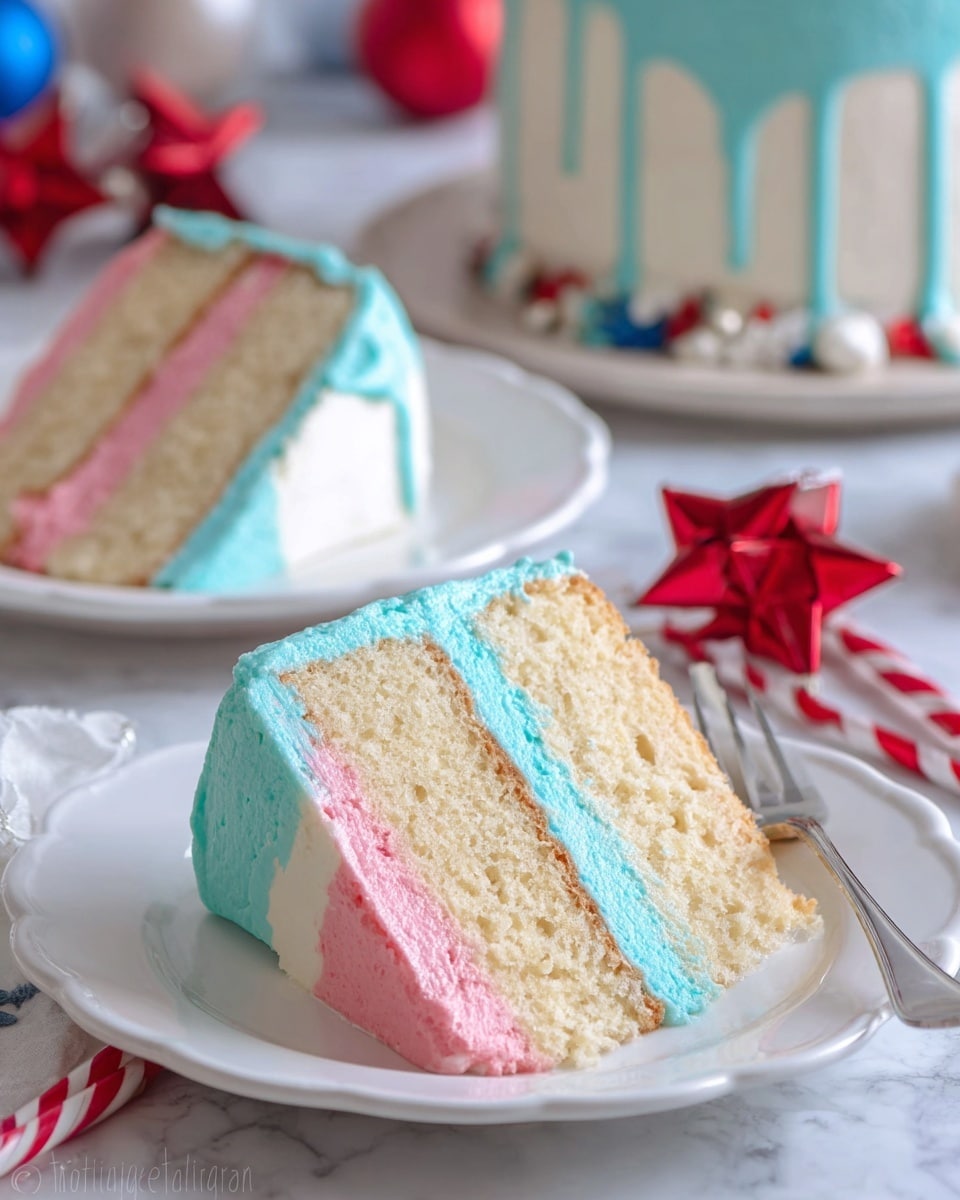 A round cake sits on a black cake board with white marbled texture underneath. The cake has a smooth white base layer covered by a thick light blue drip glaze that flows down the sides in uneven streams. The top layer features a ring of creamy white swirls around the edge, decorated with red, blue, and silver star-shaped and round sprinkles. The center of the cake top is covered with a smooth light blue surface matching the glaze on the sides. Photo taken with an iphone --ar 4:5 --v 7