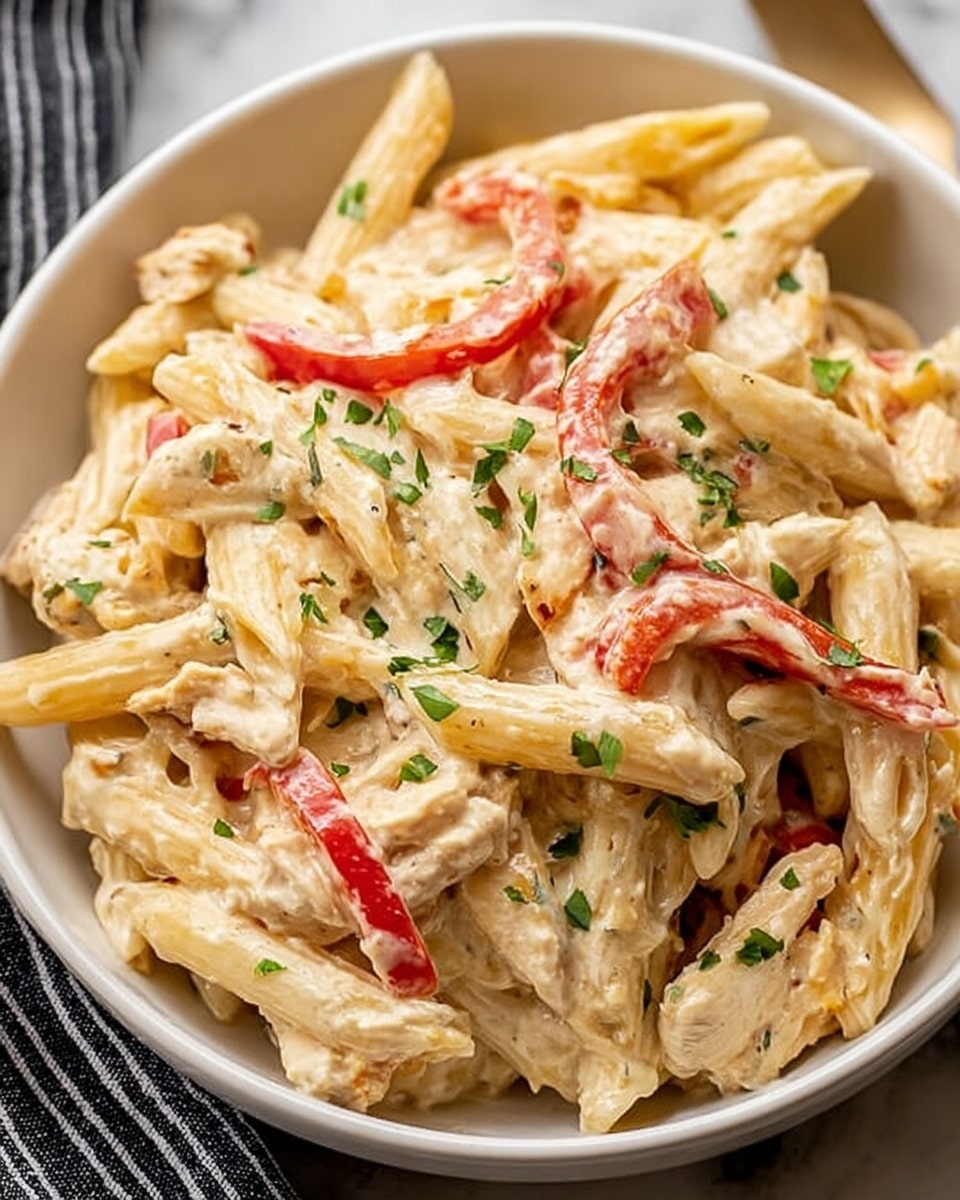 A white bowl filled with creamy pasta. The pasta is shaped like penne and is covered in a smooth, thick, off-white sauce. Thin slices of red bell pepper are mixed throughout, adding bright spots of red color. There are small pieces of cooked chicken scattered among the pasta. The dish is topped with tiny chopped green herbs, placed evenly across the surface. The bowl sits on a white marbled texture, with part of a dark striped cloth visible at the lower left side. photo taken with an iphone --ar 4:5 --v 7