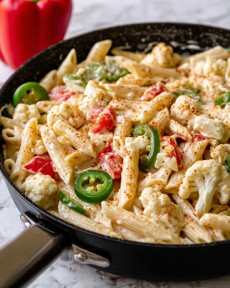 A close-up image of a black pan filled with creamy penne pasta mixed with chunks of white cauliflower, green jalapeño slices, and small pieces of red tomato. The pasta is coated in a light cream sauce and sprinkled with a soft layer of reddish seasoning. The pan sits on a white marbled surface with a red bell pepper partially visible in the background. The overall texture shows a mix of smooth pasta, creamy sauce, and crunchy vegetables. Photo taken with an iphone --ar 4:5 --v 7