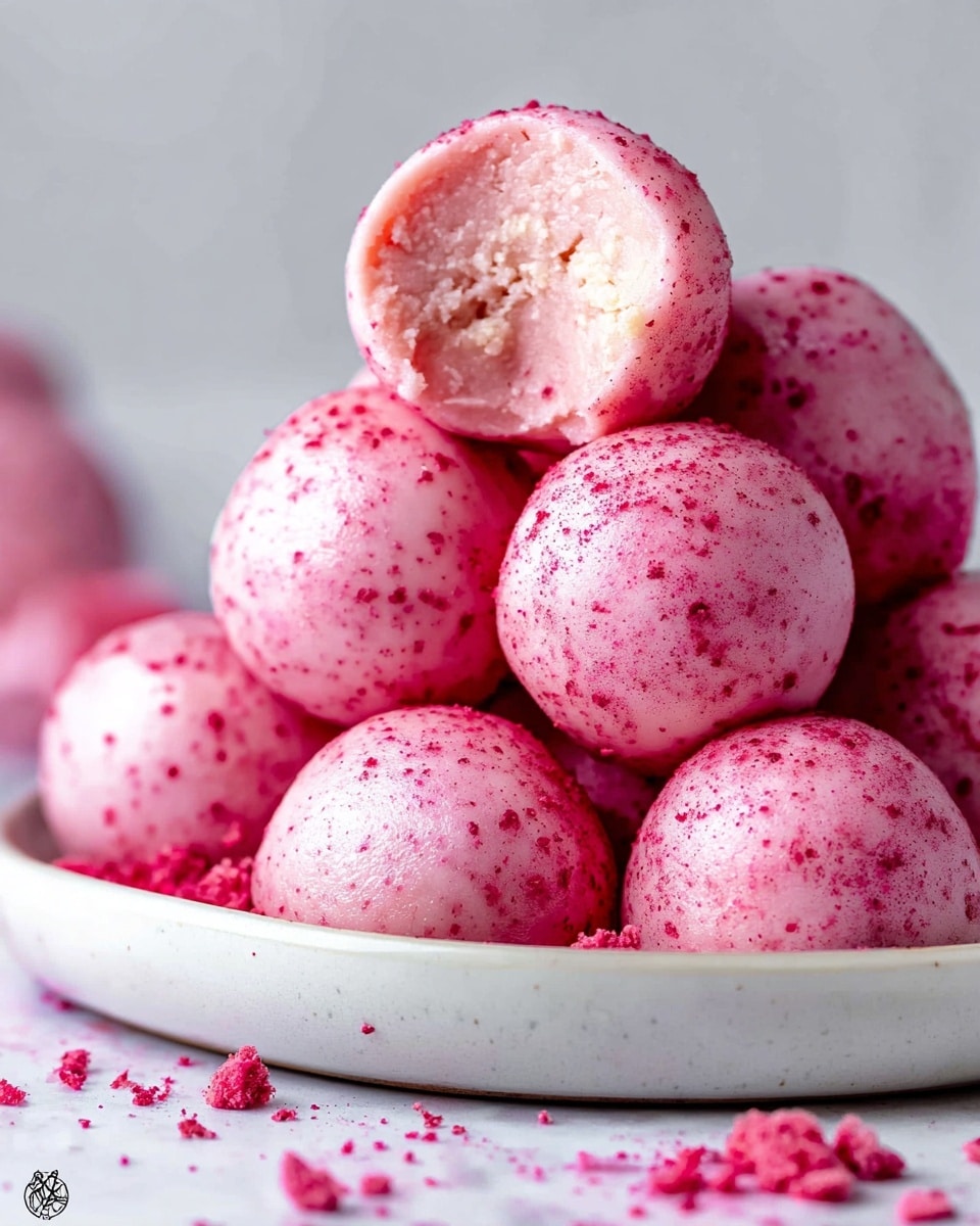 The image shows six round scoops of light pink ice cream with small red specks evenly spread throughout. The scoops are placed on a simple white plate, arranged in a loose circle with some space between them. One silver ice cream scoop, filled with the same pink ice cream, rests on the lower left side of the plate. The surface beneath the plate is a white marbled texture, giving a clean and bright look to the setting. The ice cream looks smooth and creamy with visible tiny chunks or bits inside. photo taken with an iphone --ar 4:5 --v 7