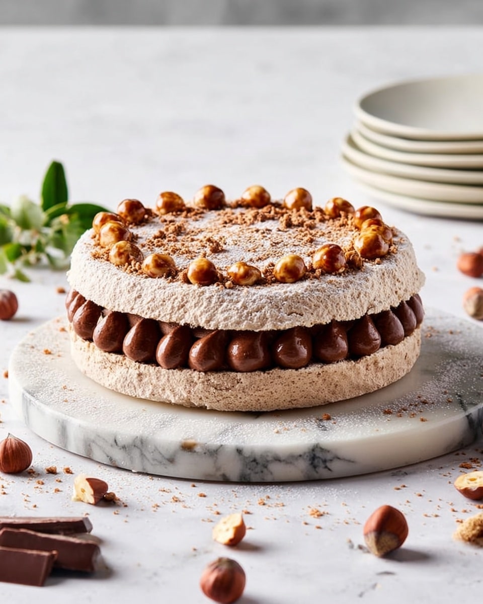 The dessert has two round layers of light brown meringue dusted with powdered sugar. Between the layers, there is a thick row of smooth, dark brown chocolate cream piped in rounded dollops evenly spaced. On the top layer, shiny caramelized hazelnuts are spread out in a loose pattern. The dessert sits on a round, white and grey marble cutting board, all placed on a white marbled surface with scattered hazelnuts and chocolate pieces around. Some green leaves are visible in the background, next to a stack of white plates. photo taken with an iphone --ar 4:5 --v 7
