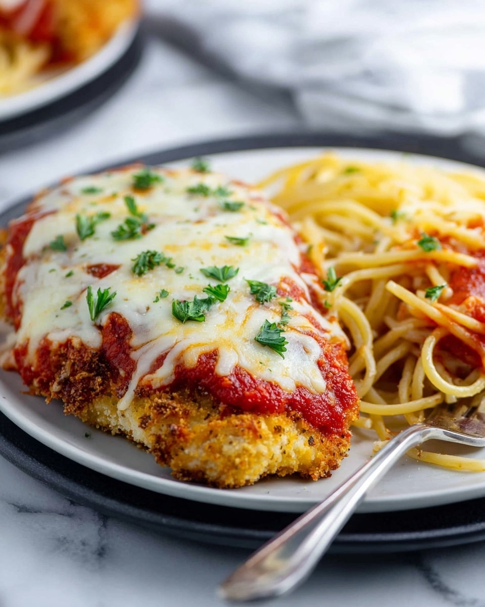The image shows a close-up of chicken parmesan served on a white plate with spaghetti. The dish has three main layers on the chicken: a golden-brown crispy breaded base, a vibrant red marinara sauce layer on top of the chicken, and a white melted mozzarella cheese layer with slightly browned spots, garnished with small green parsley leaves. The spaghetti sits to the right side of the chicken, coated with more red marinara sauce. A silver fork rests partly on the plate near the spaghetti. The plate is placed on a white marbled surface. Photo taken with an iphone --ar 4:5 --v 7