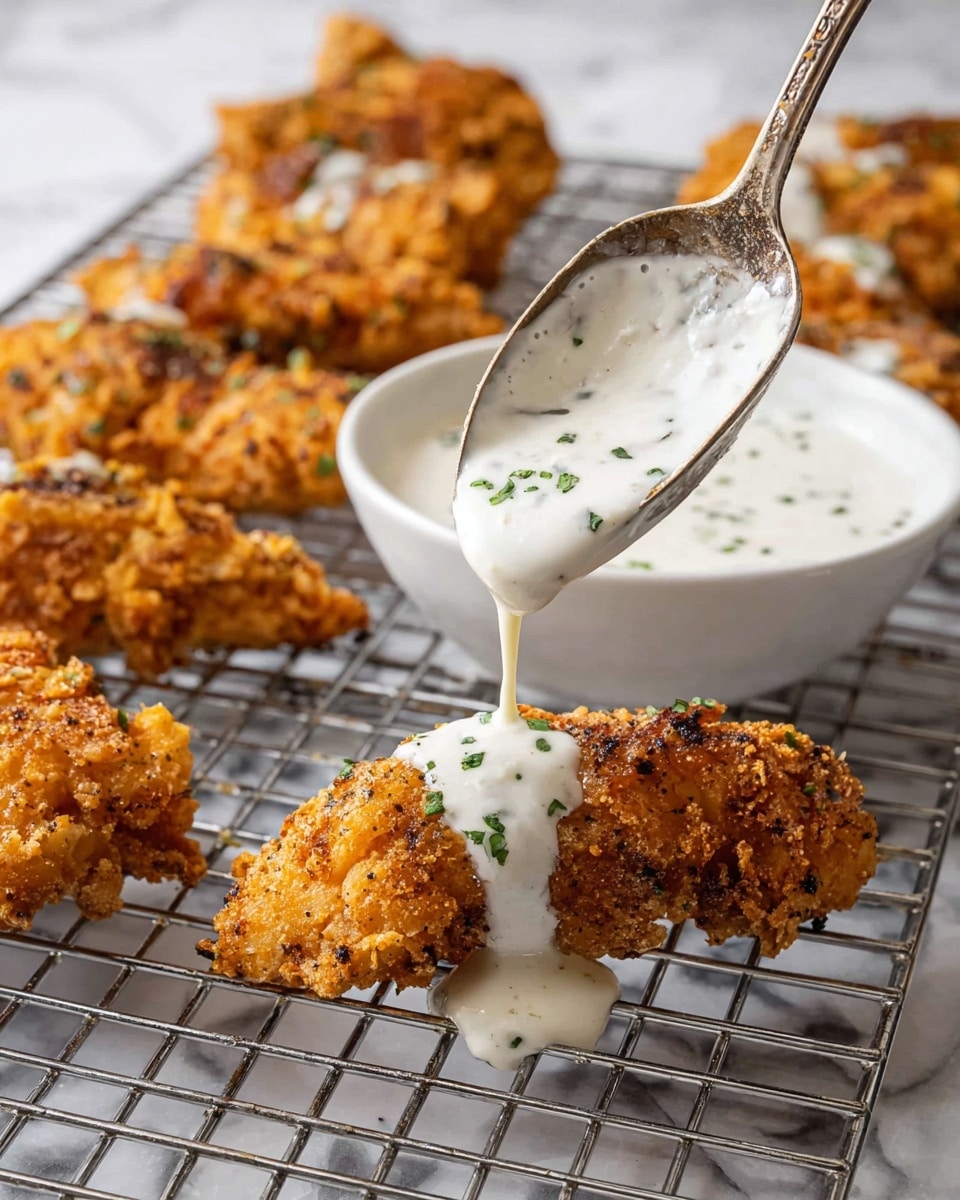 The image shows several golden brown crispy fried chicken tenders arranged on a cooling rack. Each tender has a rough, crunchy texture with some darker charred spots. A spoon is pouring thick white sauce with flecks of green herbs over the top of one chicken tender in the foreground, creating a smooth layer that drips slightly down the sides. Behind the tenders is a white bowl filled with more of the creamy sauce, and the whole scene is set on a white marbled surface. photo taken with an iphone --ar 4:5 --v 7