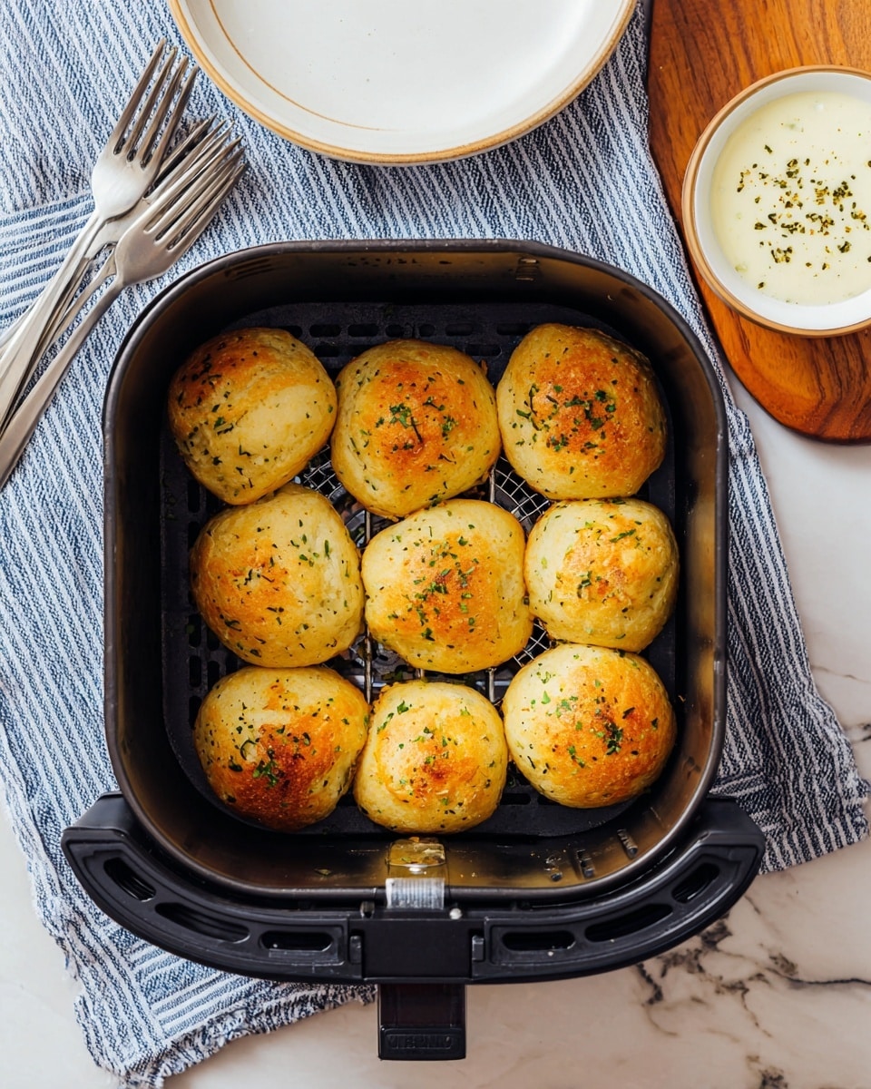 The image shows eleven golden-brown, round biscuits with a slightly shiny top, sprinkled with green herbs, inside a black air fryer basket. The biscuits have a soft, fluffy texture and some are touching each other. Around the air fryer, there is a white marbled texture surface with a white plate and two silver forks resting on it, a striped blue and white cloth underneath the basket, and a wooden board holding a single biscuit and a small white bowl filled with creamy white sauce garnished with herbs. photo taken with an iphone --ar 4:5 --v 7