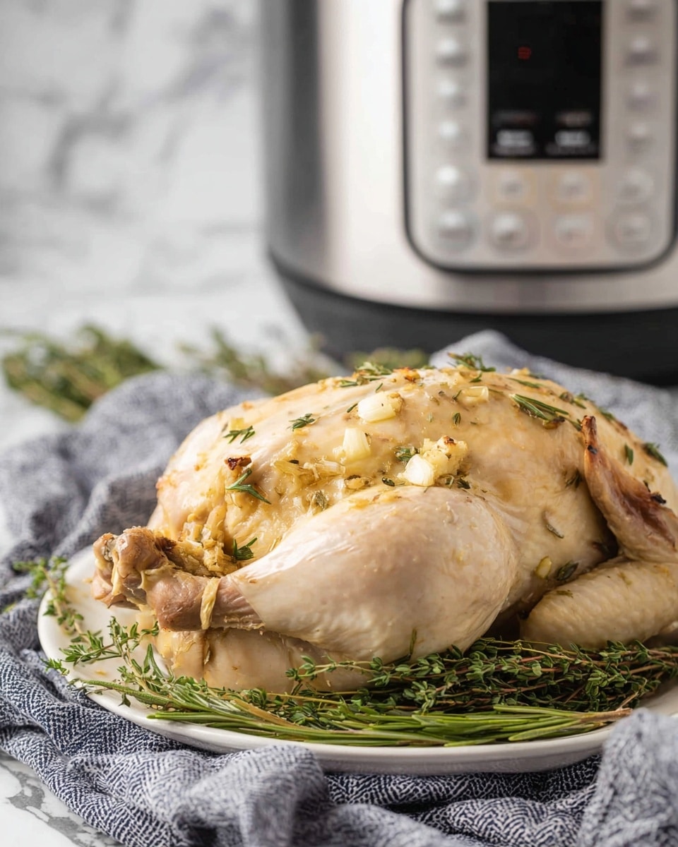 A whole cooked chicken sits on a white plate, showing a light golden skin with small bits of chopped garlic and green herbs, mainly rosemary, scattered on top and around it. The chicken's legs are folded, and the cavity is visible, filled with aromatic herbs. Fresh green sprigs of thyme and rosemary lay around the chicken on the plate. In the background, a gray textured cloth is casually draped, and a stainless steel pressure cooker with a digital panel is slightly blurred. The surface beneath is a white marbled texture. photo taken with an iphone --ar 4:5 --v 7