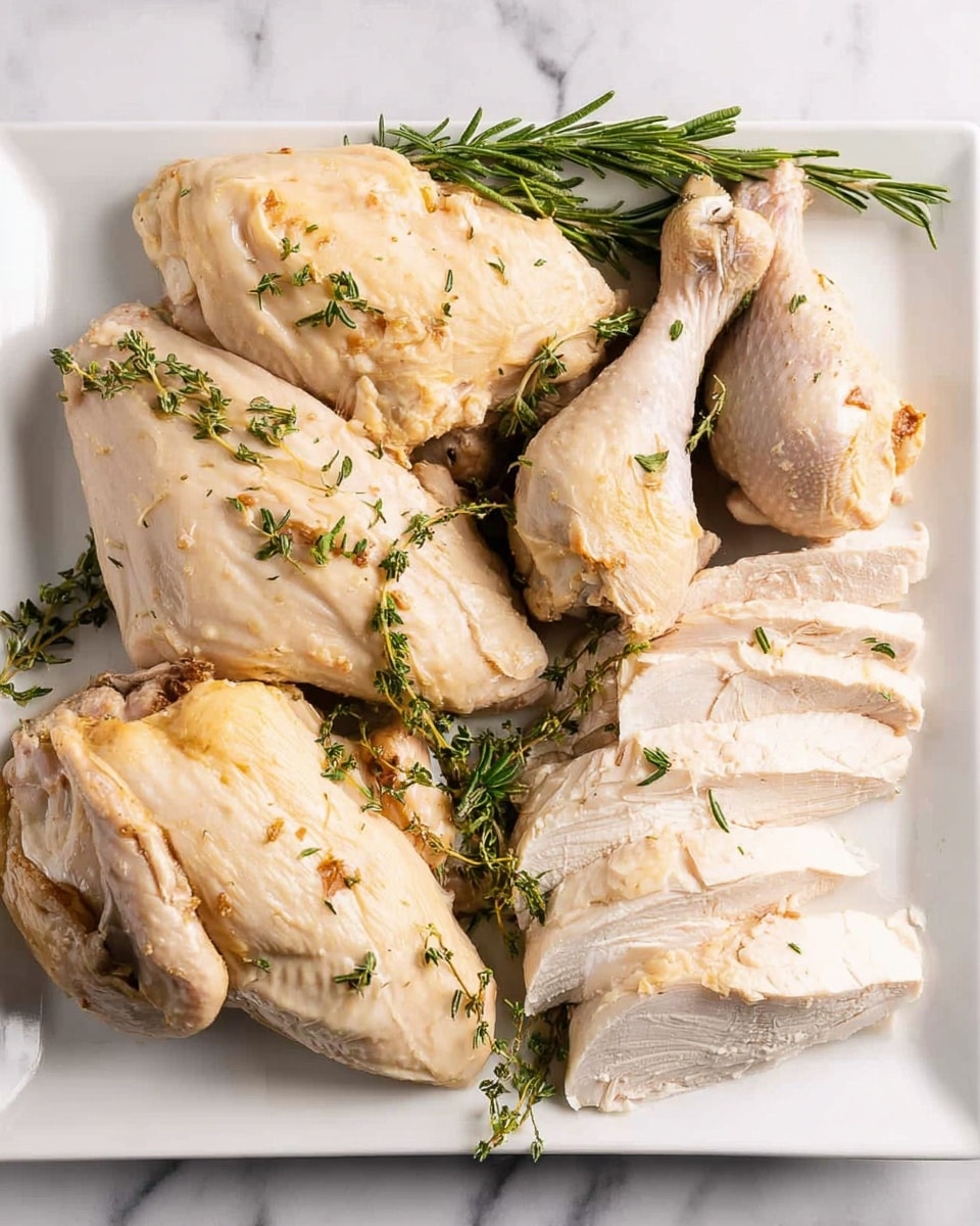 A white rectangular plate holds several pieces of cooked chicken arranged neatly on a white marbled surface. On the left side, there are three large, whole chicken pieces with a light beige color and soft texture, garnished with small sprigs of fresh green rosemary and thyme. Near the center, two chicken drumsticks show a slightly browned, baked outside with juicy, tender flesh underneath. On the right side of the plate, thin slices of white chicken breast are layered evenly, showing smooth, slightly shiny surfaces. The fresh green herbs are scattered around the plate to add color contrast. Photo taken with an iphone --ar 4:5 --v 7