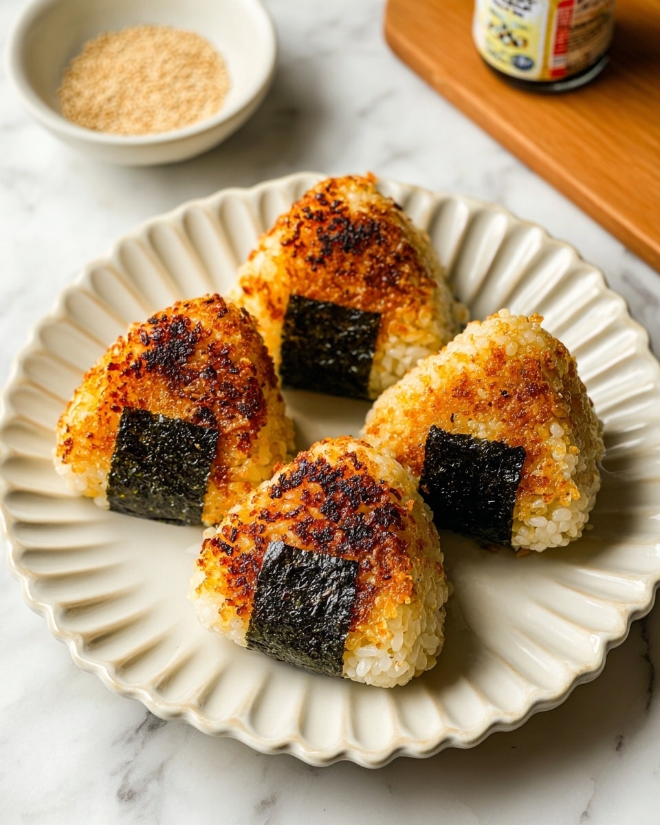 Four triangular grilled rice balls with a golden-brown crispy outer layer are placed on a white scalloped plate. Each rice ball has a slightly charred and textured surface showing some white and golden toasted rice grains. A small square of dark, glossy seaweed wraps around the bottom center of each rice ball. The plate sits on a white marbled surface with a small white bowl filled with sesame seeds and a blurred seasoning container in the background. photo taken with an iphone --ar 4:5 --v 7