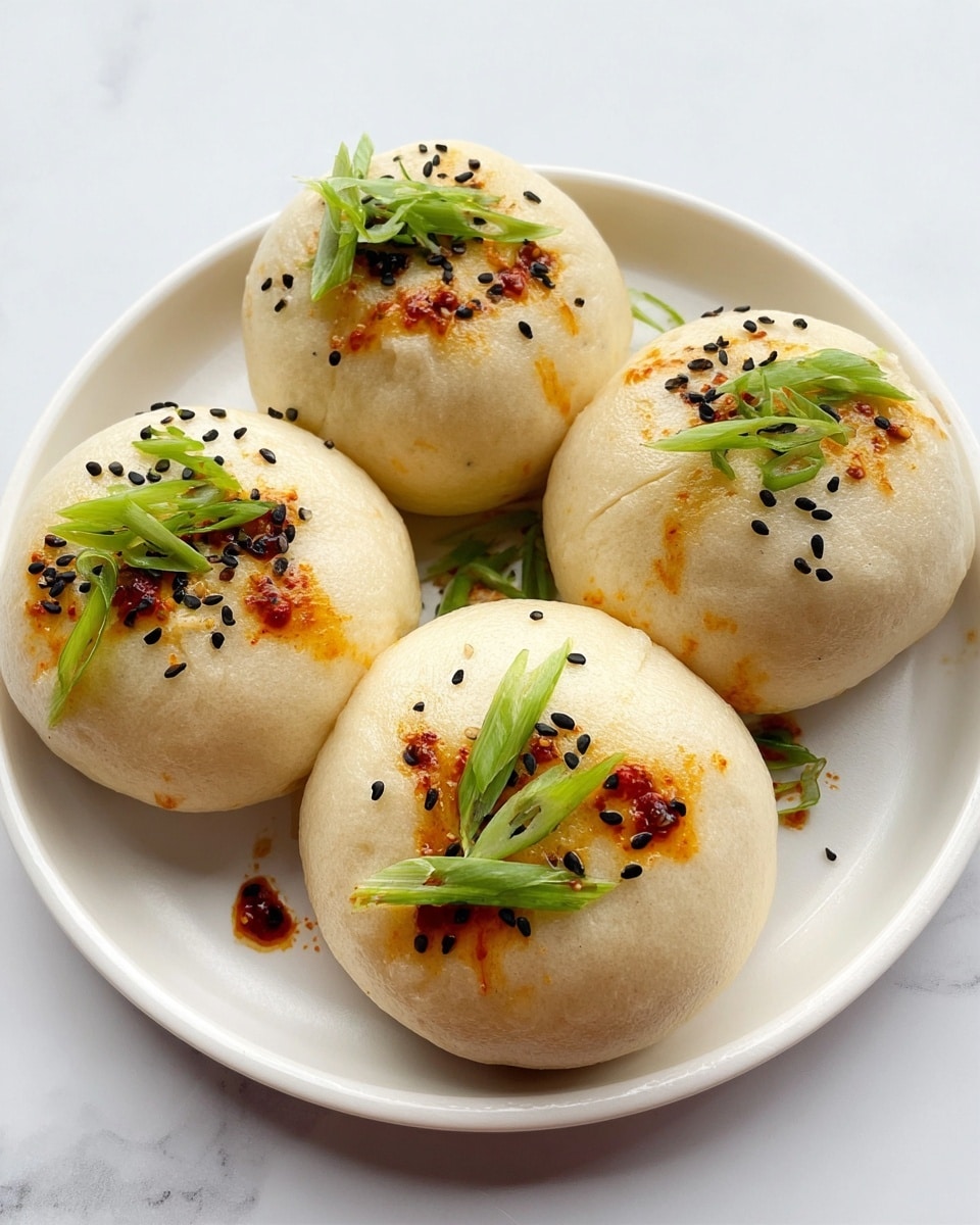 The image shows four steamed buns placed closely on a white plate. Each bun is round and smooth with a pale beige color. On the top of each bun, there are small drizzles of red chili oil and tiny black sesame seeds scattered. Fresh, sliced green onions sit neatly on top of the chili oil for a fresh green contrast against the light dough. The plate is set on a white marbled surface, making the colors of the buns and garnishes stand out. photo taken with an iphone --ar 4:5 --v 7