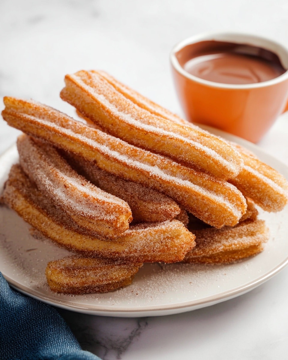 A stack of golden brown churros coated in sugar, arranged in a slightly overlapping pile on a white plate with a subtle gloss, with a small orange cup filled with smooth, melted chocolate sauce placed on the plate's upper right side, all set against a white marbled textured surface. photo taken with an iphone --ar 4:5 --v 7
