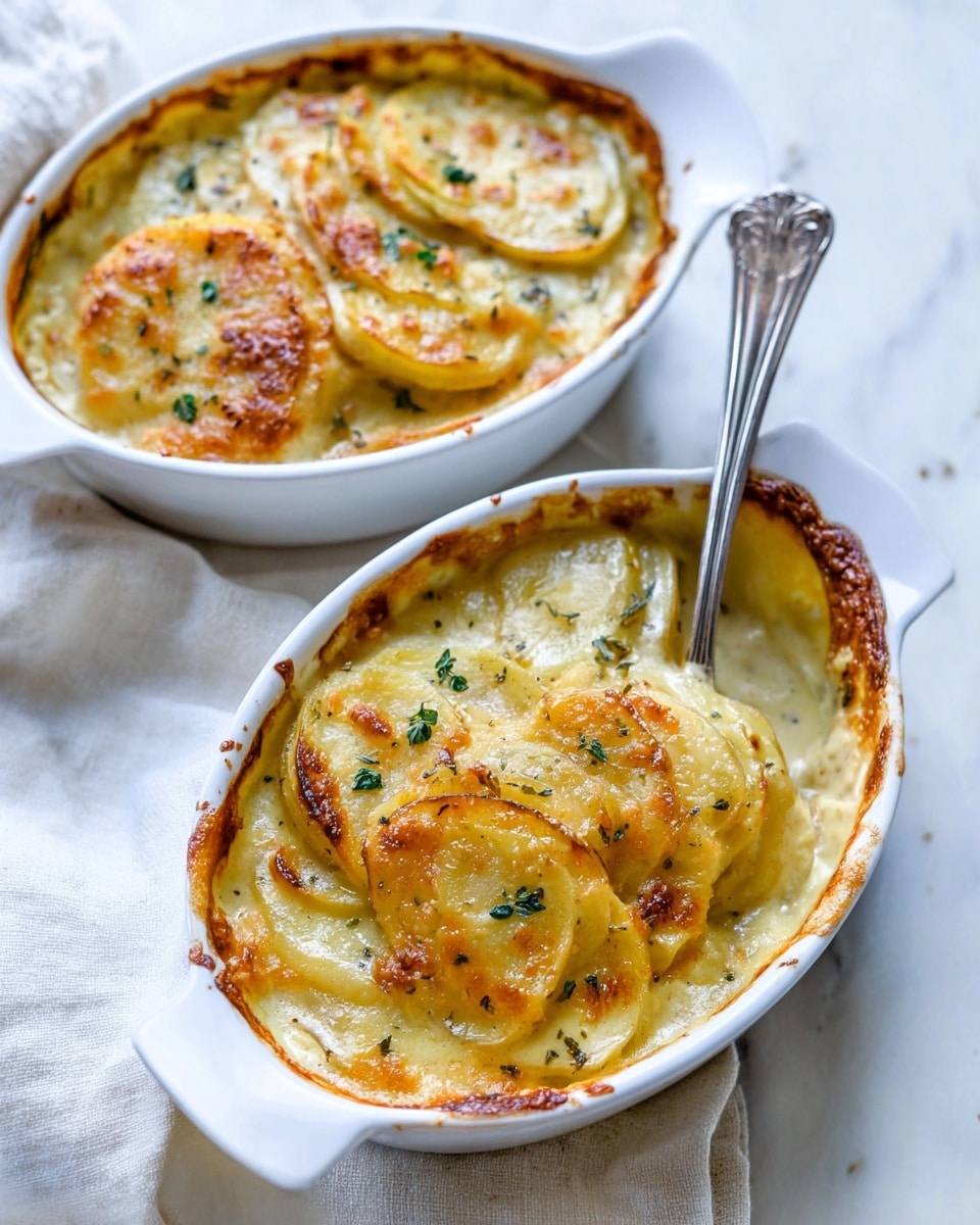 Two white oval dishes hold layers of creamy potato gratin. Each dish shows several thin, soft potato slices stacked in a wet, light yellow cheesy sauce. The top layer is golden brown with melted cheese, slightly crusty and garnished with small green herb pieces. A silver fork is stuck vertically into one dish, revealing the soft texture inside. The dishes sit on a white marbled surface with a soft white cloth nearby. photo taken with an iphone --ar 4:5 --v 7