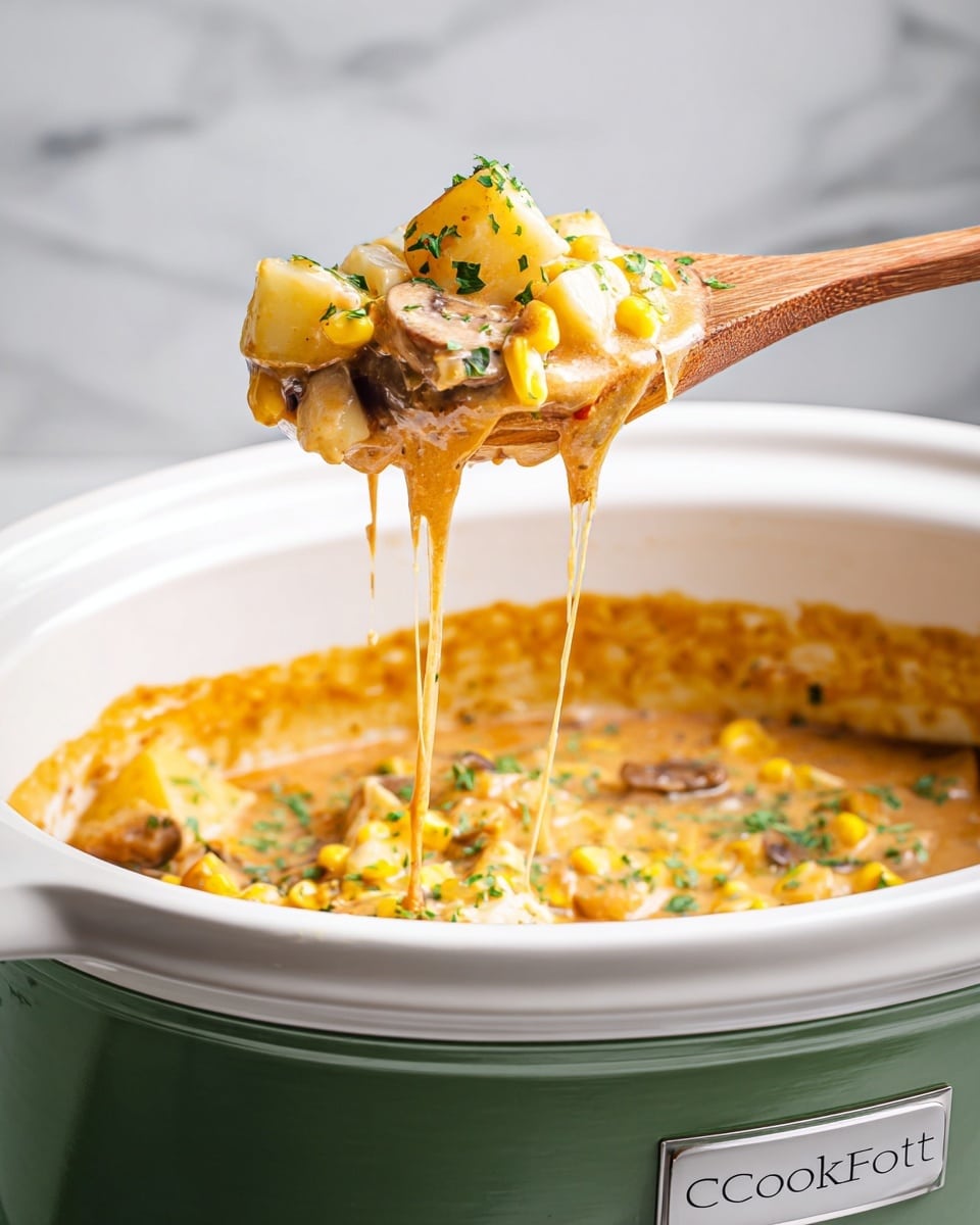 A wooden spoon lifts a creamy stew from a white crockpot with a green base, showing chunky layers of white potato cubes and yellow corn kernels mixed with soft, brown mushrooms in a thick, cheesy orange sauce that stretches in strings from the pot. The stew has finely chopped green herbs sprinkled across the top layer, and the whole scene is set on a white marbled surface. Photo taken with an iphone --ar 4:5 --v 7