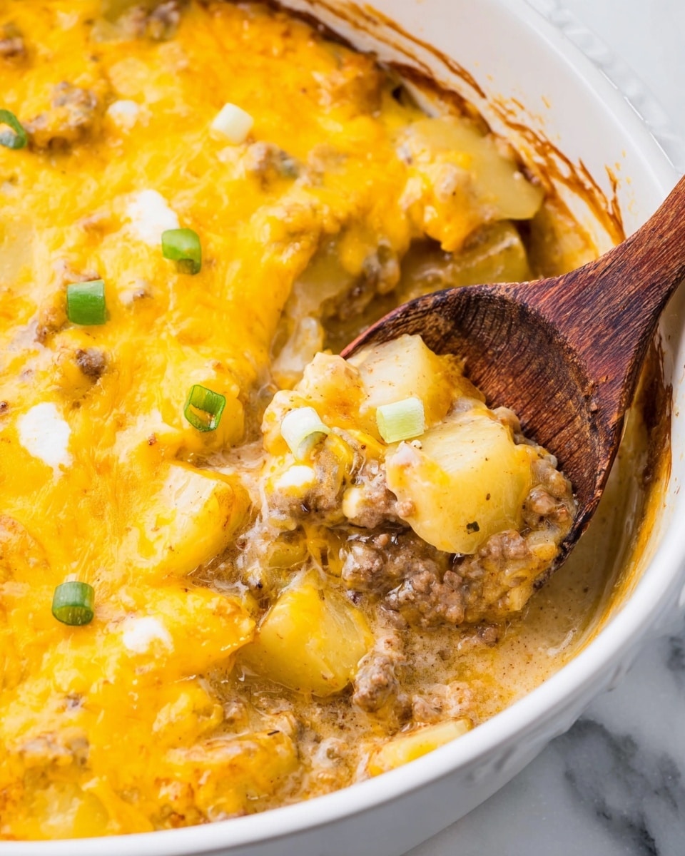 A close-up view of a creamy casserole in a white bowl, showing two main layers: the thick sauce with chunks of light yellow potatoes and browned meat at the bottom, and a melted cheese layer on top that is bright yellow-orange with some white mozzarella patches and small green scallion pieces scattered across. A rustic wooden spoon is scooping some of the mixture, revealing the creamy texture and chunks beneath the cheese. The bowl rests on a white marbled surface. photo taken with an iphone --ar 4:5 --v 7