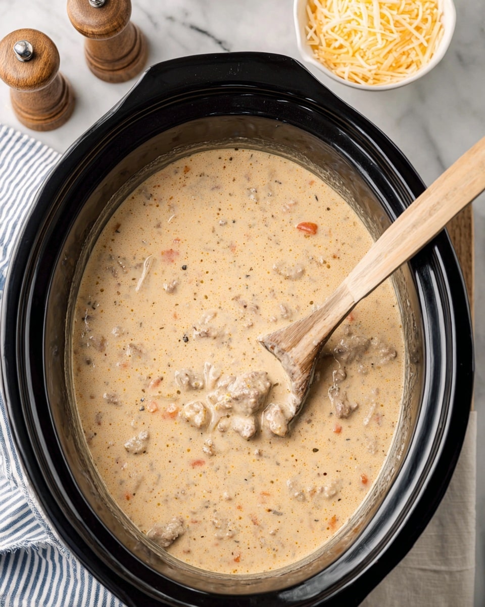 A white and black slow cooker filled with a thick creamy soup that has visible chunks of meat, small pieces of carrots, celery, and other vegetables mixed evenly throughout. The soup is light tan in color with flecks of herbs and spices scattered inside. Around the slow cooker, there is a white plate with green leafy vegetables and slices of pickles to the left, a white bowl with bread rolls slightly blurred in the background, a small ceramic cup on a blue and white striped cloth to the right, and salt and pepper shakers nearby. The setting is on a white marbled surface. Photo taken with an iphone --ar 4:5 --v 7