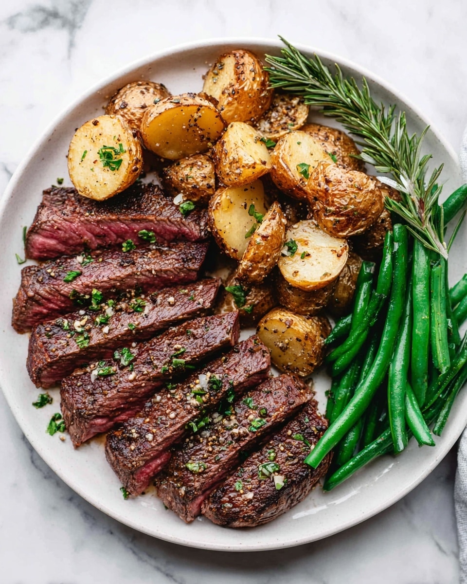 The image shows multiple layers of sliced steak arranged closely on a white plate, with each slice showing a medium-rare cooking level—pink in the center and browned edges. The steak slices are coated with a mix of cracked black pepper, red pepper flakes, and fresh chopped green herbs, giving a spiced and fresh look. On the right side of the plate, a sprig of green rosemary adds a fresh touch. The surface under the plate has a white marbled texture. photo taken with an iphone --ar 4:5 --v 7
