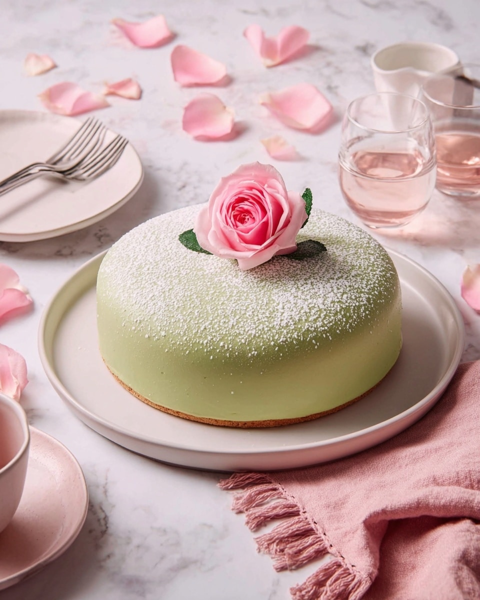 A round layer cake covered in smooth, light green icing with a dusting of white powdered sugar on top. It is placed on a white plate with a slightly raised edge. A single pink rose with green leaves decorates the center of the cake's top. Around the cake, there are a few scattered pink rose petals on a white marbled textured surface. Nearby are clear glass cups and small white plates, with forks resting on one plate. A soft pink cloth with fringed edges lies to the right side. photo taken with an iphone --ar 4:5 --v 7