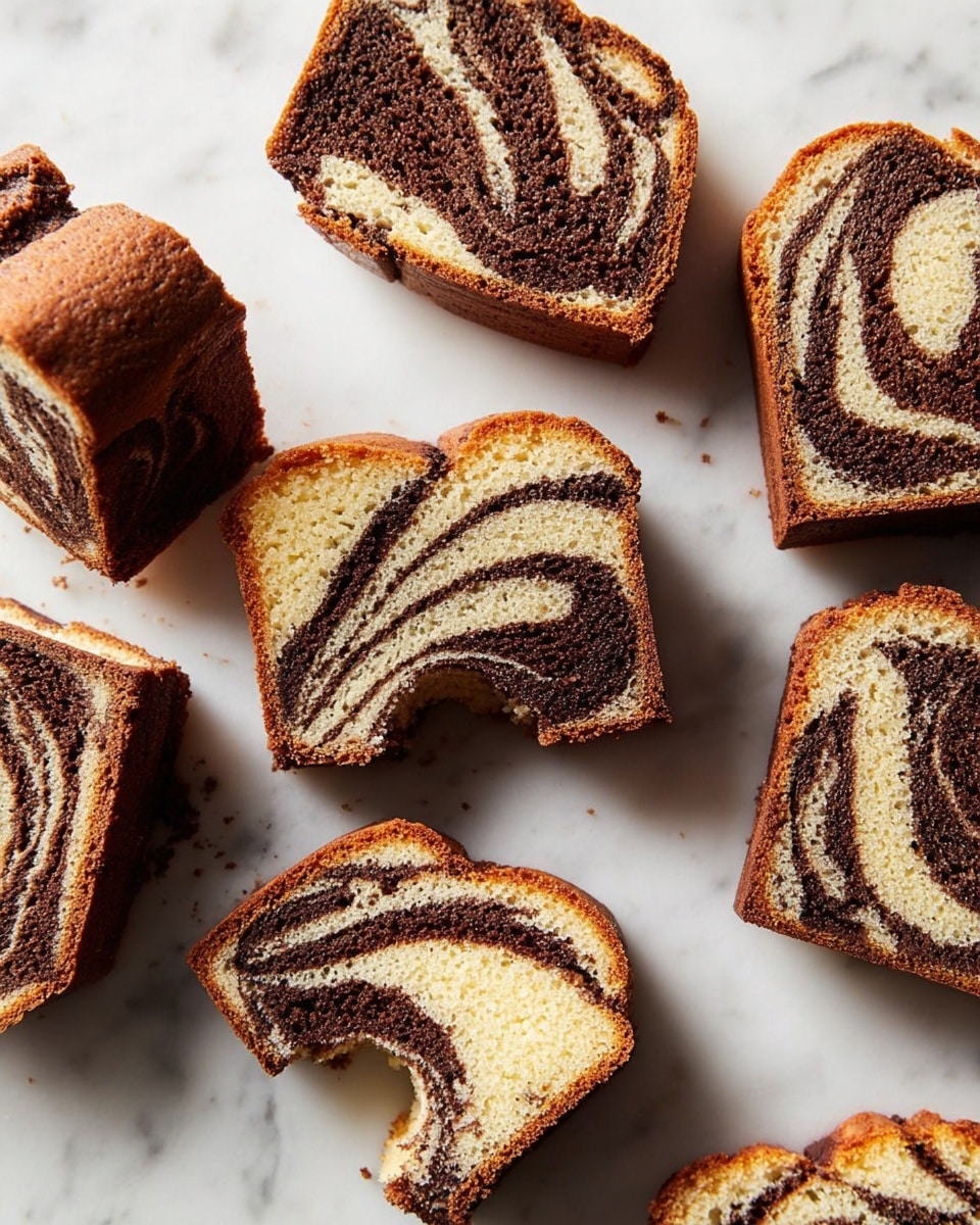The image shows four slices of marble cake on separate white plates, each slice with a clear swirl pattern of light yellow and dark brown layers. The top of the slice near the center has a smooth, glossy dark chocolate coating around the edges. On one plate, there is a silver fork placed diagonally next to the cake slice. In the middle background, there is a small glass jar filled with milk that has red text and a small design on it. All items are placed on a white marbled surface, with a soft pink cloth to the right side of the image. Photo taken with an iphone --ar 4:5 --v 7