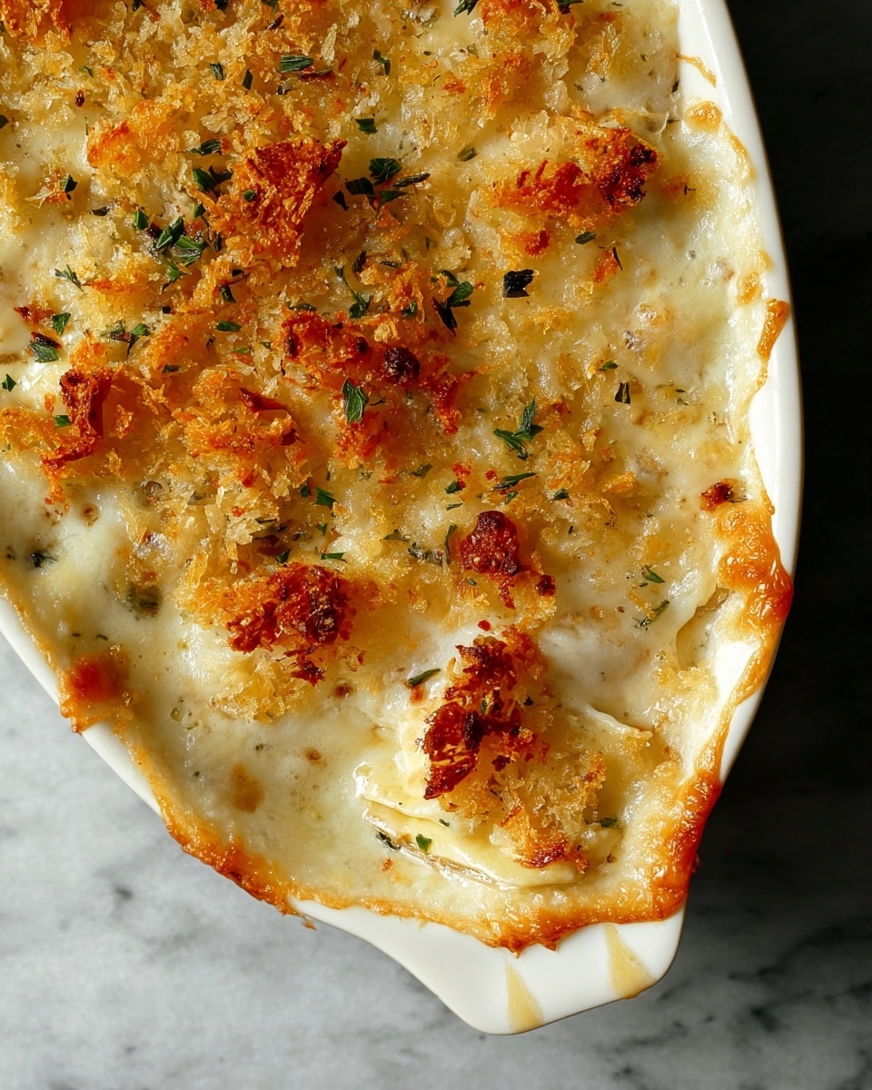 A close-up view of a baked dish in a white ceramic oblong baking dish with handle, showing a thick, creamy white sauce layer topped with golden, crispy breadcrumb bits and sprinkles of green herbs. The sauce has bubbly, slightly browned spots where it has been baked to a light golden color, with some parts having a soft, melted texture. The edges of the dish have bubbling sauce with browned spots and a drip on the handle edge. The background is a white marbled texture. photo taken with an iphone --ar 4:5 --v 7