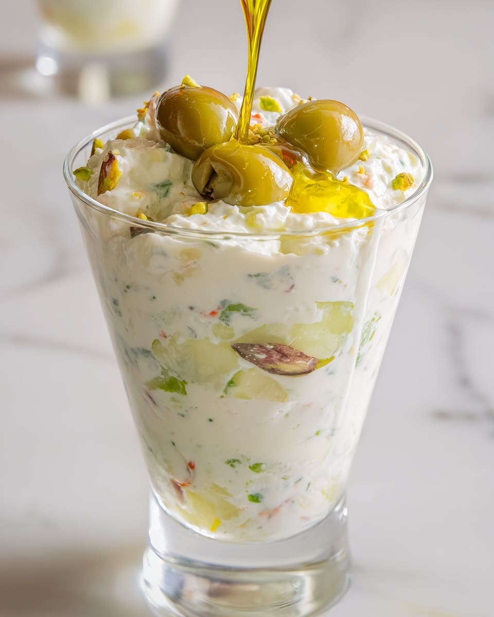 The image shows a clear tall glass filled with a creamy white mixture that has small bits of green and red inside it, giving it a textured look. The creamy layer is thick and topped with chunks of muted green vegetables or olives, some with a slightly brown inside texture. A stream of golden olive oil is being poured over the top, creating a shiny layer with droplets running down the sides. The background is softly blurred, set on a white marbled surface, enhancing the bright and fresh look of the dish. photo taken with an iphone --ar 4:5 --v 7