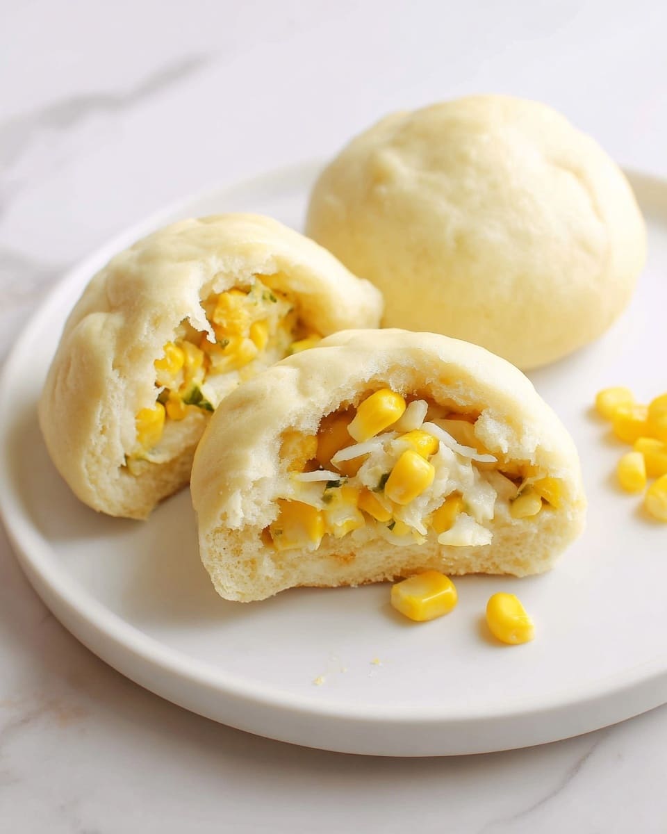 Three soft white buns sit on a round wooden board, each bun with a slightly smooth and fluffy texture and sealed edges forming gentle folds. The top of each bun is open, revealing a filling of bright yellow corn kernels mixed with melted white cheese that has a creamy texture, topped with small pieces of chopped green onions scattered around. In the background, there is a white plate blurred out with some greens and yellow bits. The scene is set on a white marbled surface. photo taken with an iphone --ar 4:5 --v 7