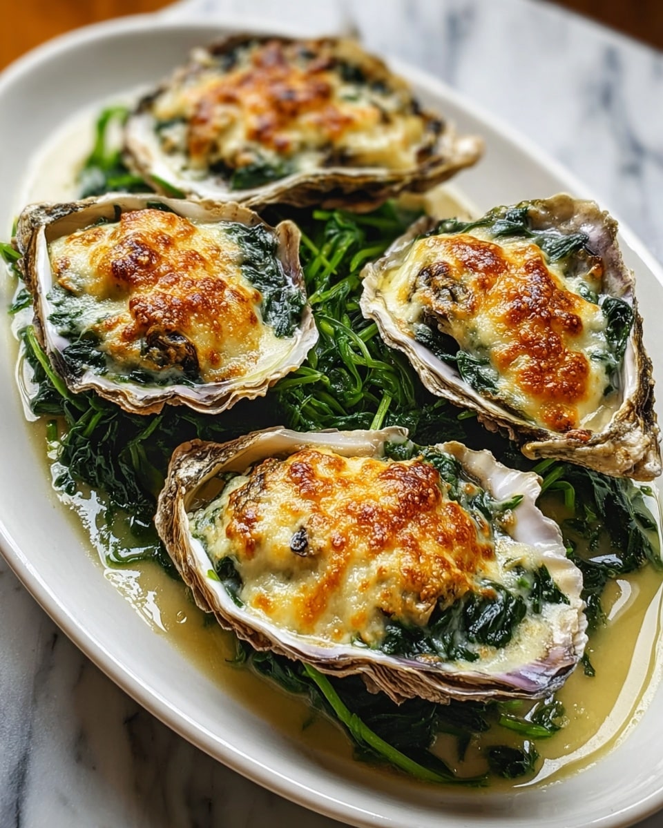 The image shows four oyster shells arranged on a white oval plate set on a white marbled surface. Each oyster shell holds a rich, creamy layer of cooked oysters mixed with dark green spinach leaves, topped with a golden-brown, slightly crispy layer of melted cheese. The oysters and spinach mixture looks smooth and moist with visible texture in the cheese topping, which is bubbly and browned at the edges. The bed of cooked spinach under the shells creates a leafy green base with a shiny sauce pooling around it. The lighting highlights the creamy textures and warm tones of the cheese and oysters, making the dish look fresh and savory. photo taken with an iphone --ar 4:5 --v 7