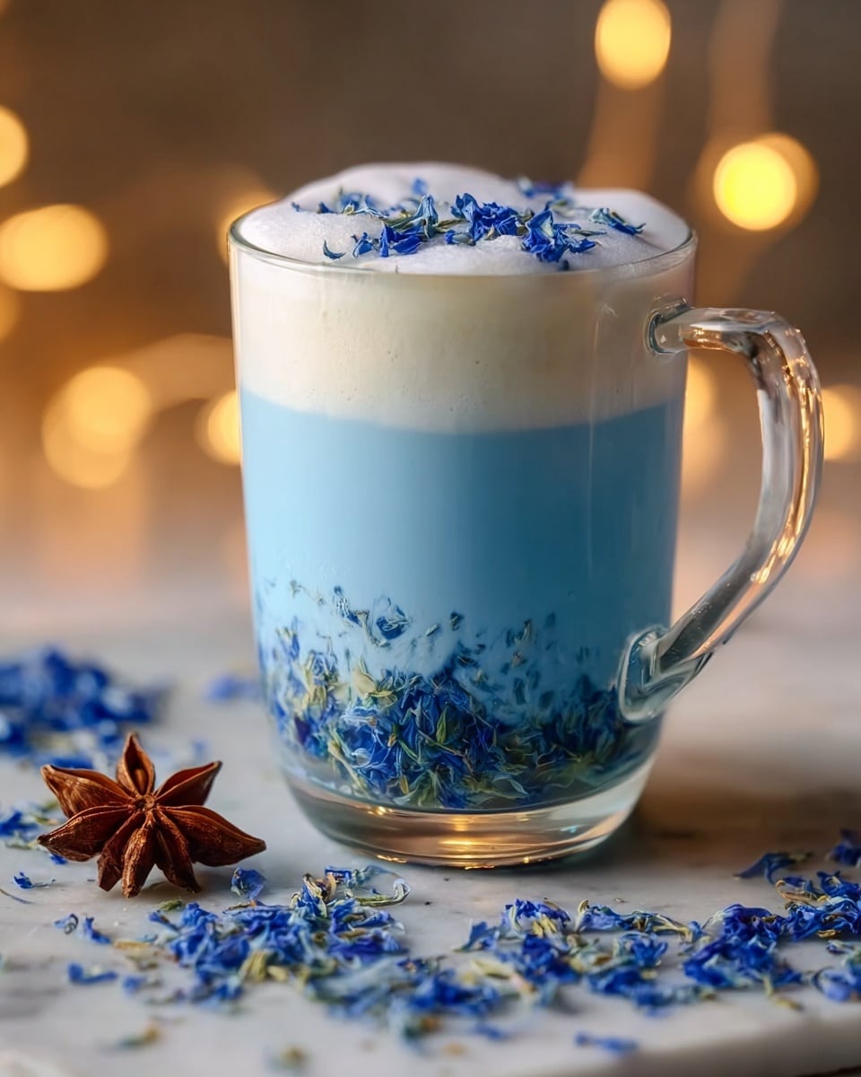 A clear glass mug filled with three visible layers: the bottom layer is a mix of blue flower petals immersed in a light blue liquid, the middle layer is a smooth, solid light blue milk tea, and the top layer is a white frothy foam with scattered blue petals on the surface. The glass mug sits on a white marbled surface scattered with blue flower petals and a brown star anise in the foreground, with warm soft lights blurred in the background. photo taken with an iphone --ar 4:5 --v 7