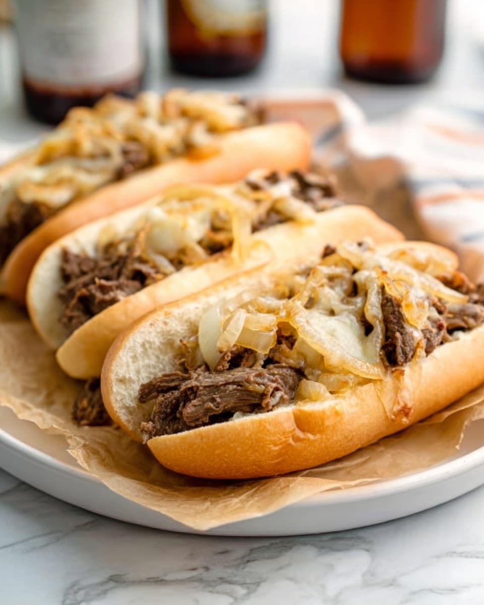 The image shows three Philly cheesesteak sandwiches on a white plate lined with parchment paper. Each sandwich has a soft, light brown bread roll sliced open and filled with thin, cooked slices of brown beef. On top of the beef, there are cooked onions that are golden and slightly caramelized. The onions are scattered unevenly across the sandwiches, with some melted pale yellow cheese mixed in, slightly oozing onto the beef and onions. The plate is placed on a white marbled surface, and in the background, there are blurred bottles. A woman's hand is just visible, holding one sandwich on the left side. Photo taken with an iphone --ar 4:5 --v 7