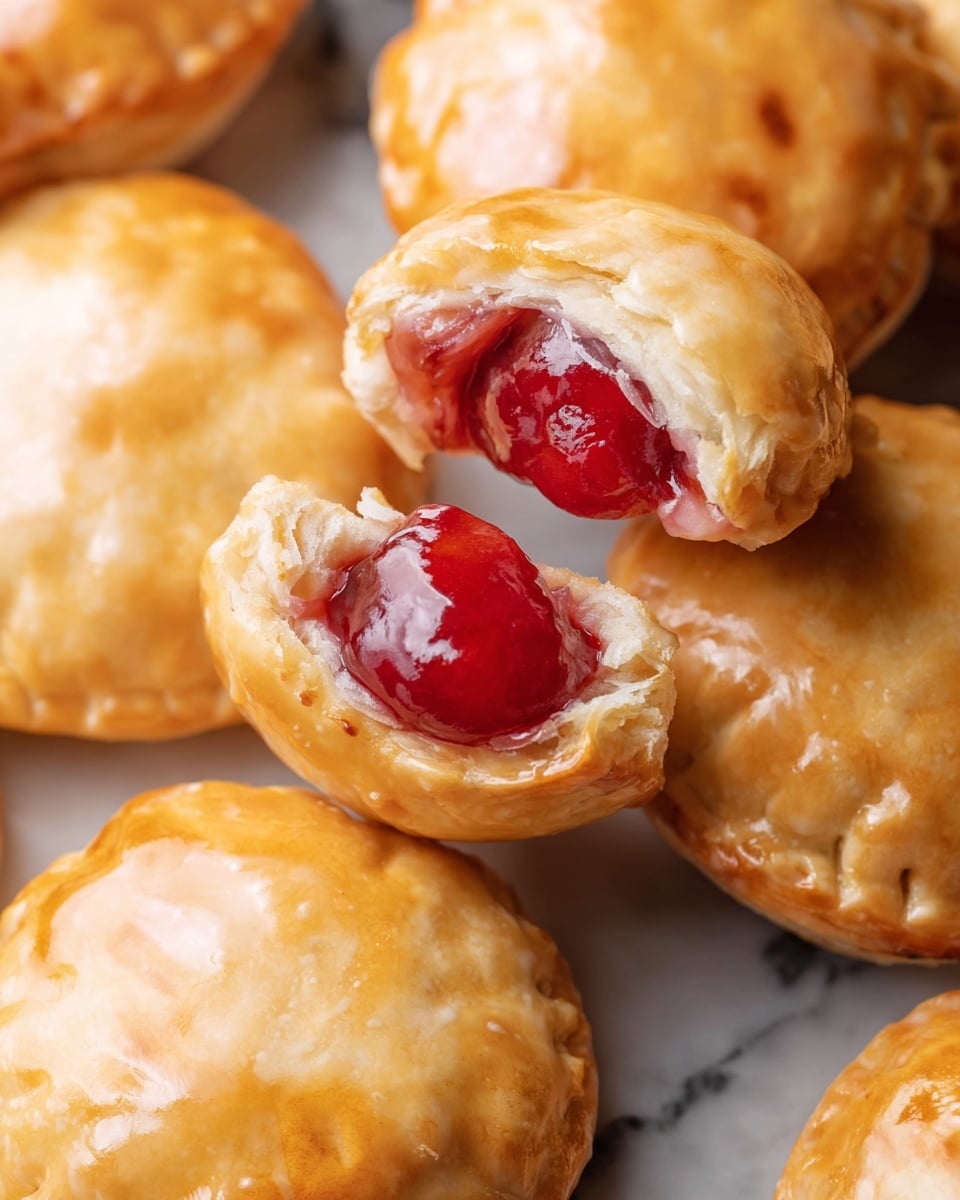 The image shows several round, golden-brown mini pies with a shiny, light glaze on top. They have a flaky texture and are stacked closely together. One mini pie at the center is open, showing a bright red, glossy fruit filling inside. The background is a white marbled texture. photo taken with an iphone --ar 4:5 --v 7
