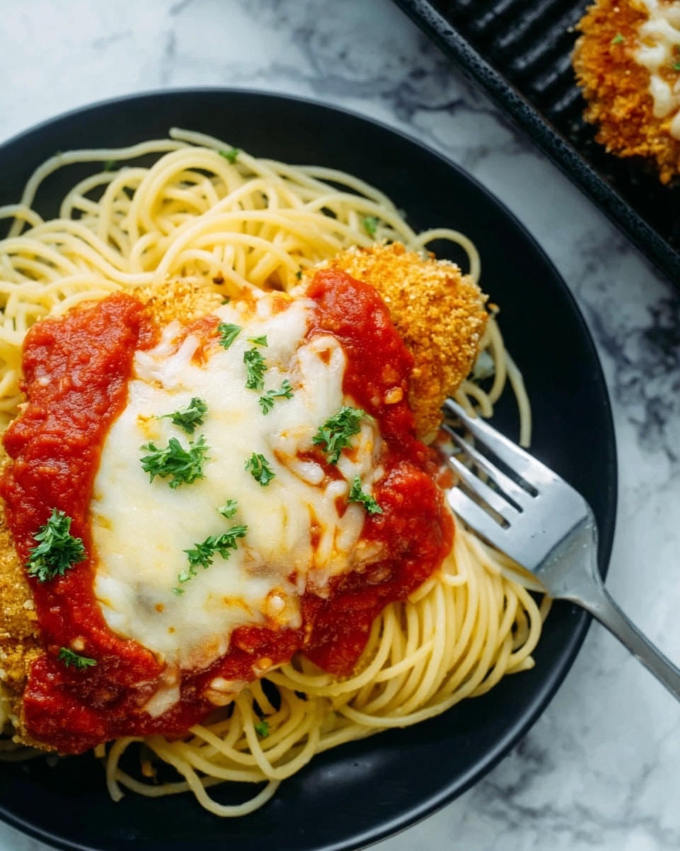 A close-up view of a black plate holding a serving of spaghetti with tomato sauce and a piece of chicken parmesan. The spaghetti forms the bottom layer, light yellow and slightly twisted, topped in several spots with bright red chunky tomato sauce. On one side rests a breaded chicken cutlet, golden brown with a thick layer of melted white cheese and a bit of tomato sauce underneath. Small green parsley leaves are sprinkled on top for garnish. A fork leans on the right edge of the plate. The background features a white marbled texture. Photo taken with an iphone --ar 4:5 --v 7